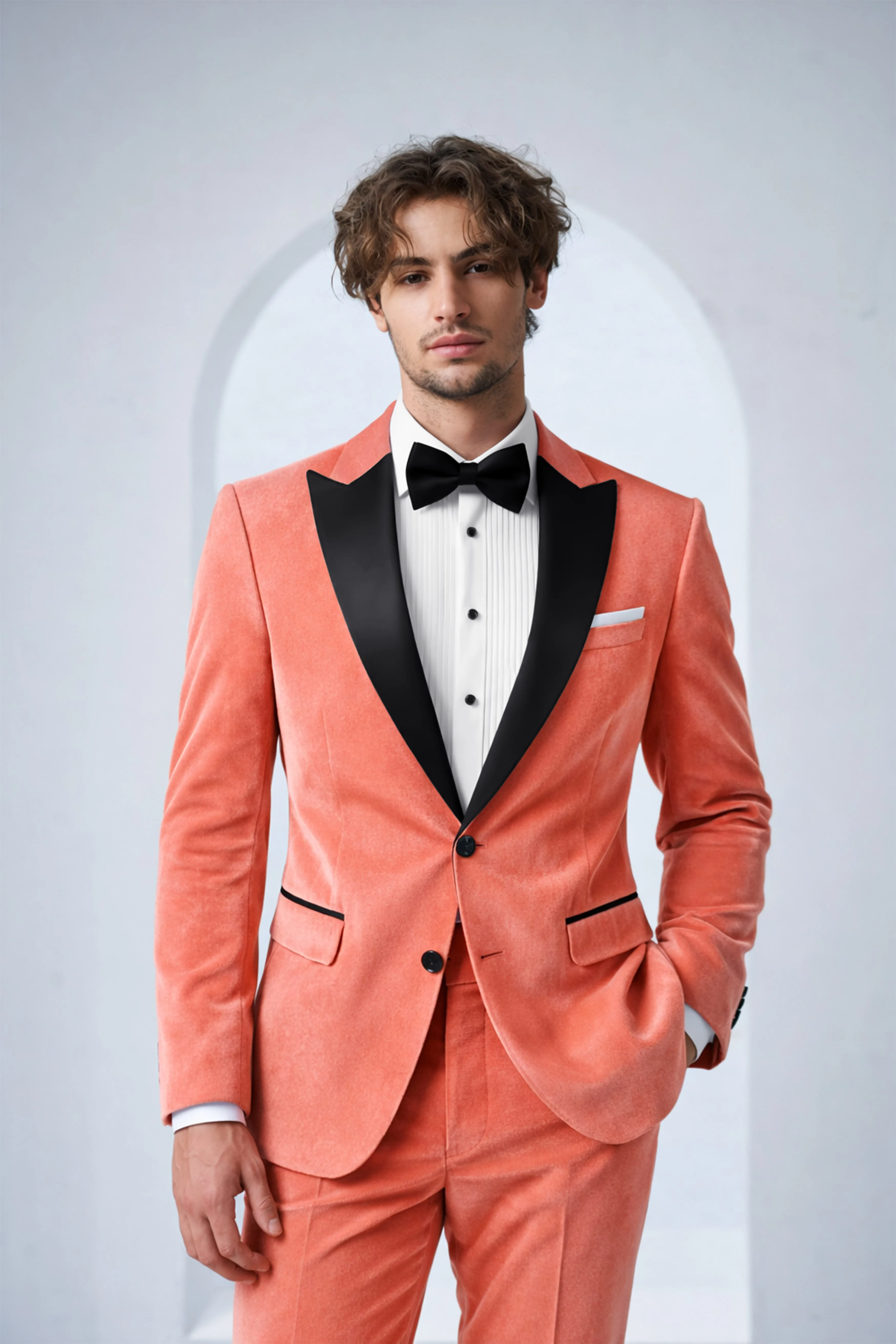 Saffron-Bittersweet Orange Velvet Peak Lapel Tuxedo Blazer sold by French Crown product image thumbnail 4