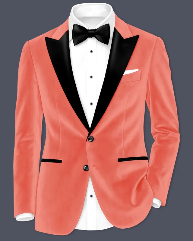 Saffron-Bittersweet Orange Velvet Peak Lapel Tuxedo Blazer sold by French Crown