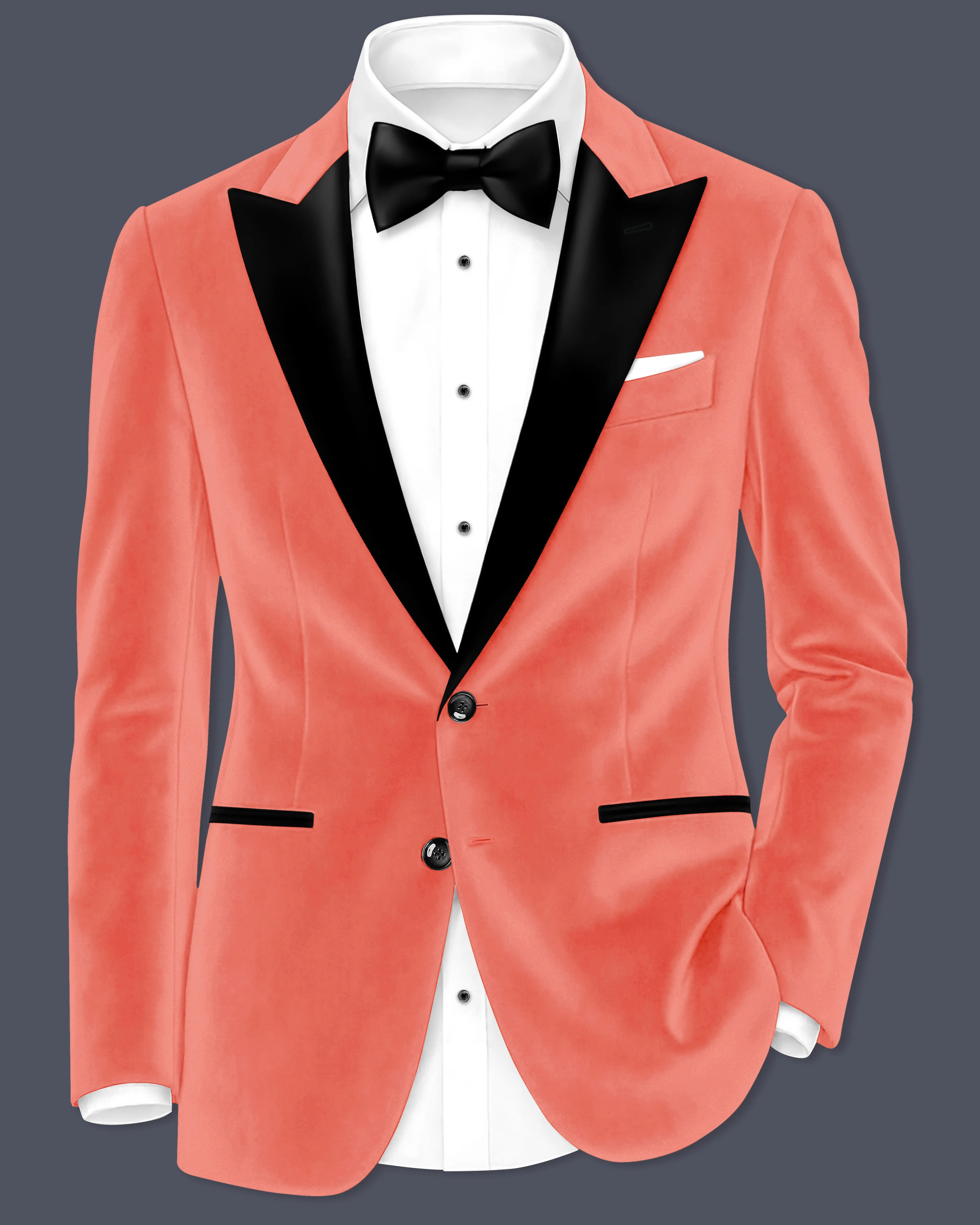 Saffron-Bittersweet Orange Velvet Peak Lapel Tuxedo Blazer sold by French Crown
