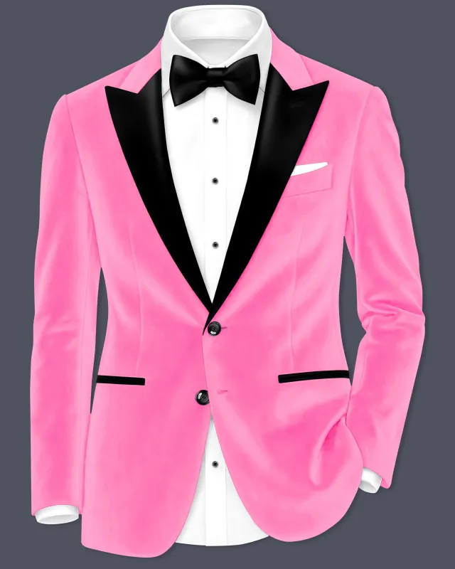 Regalis-Carnation Pink Velvet Peak Lapel Tuxedo Blazer sold by French Crown