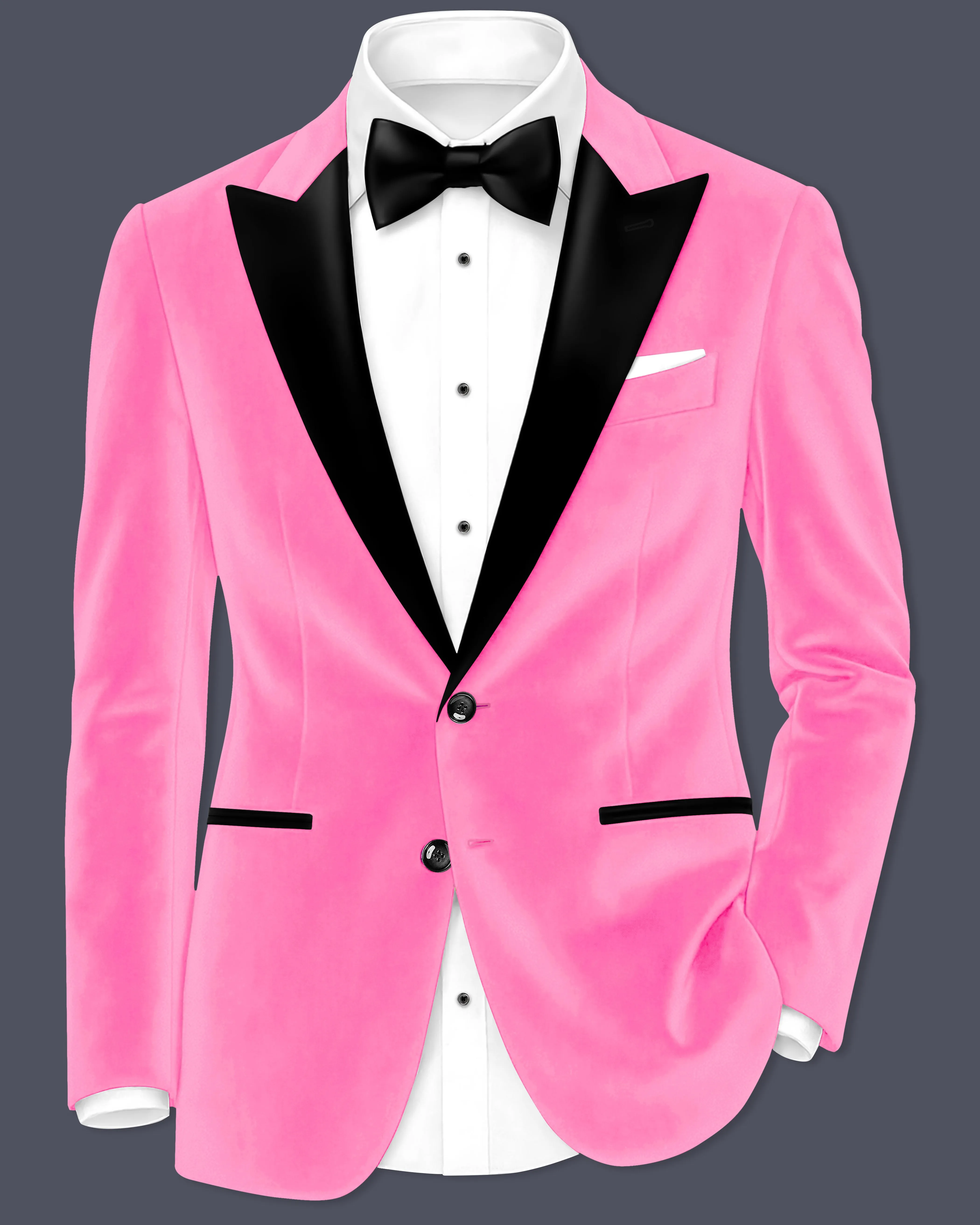 Regalis-Carnation Pink Velvet Peak Lapel Tuxedo Blazer sold by French Crown