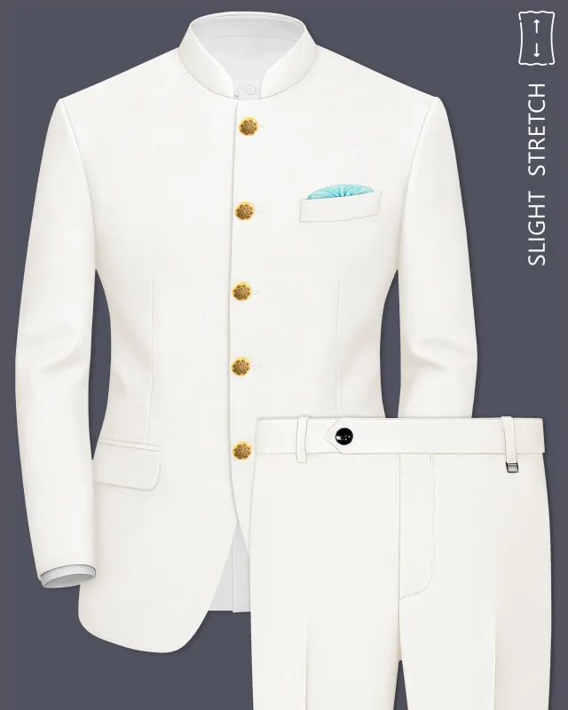 Ivory-Cararra Cream Wool Rich Bandhgala Slight Stretch Suit sold by French Crown