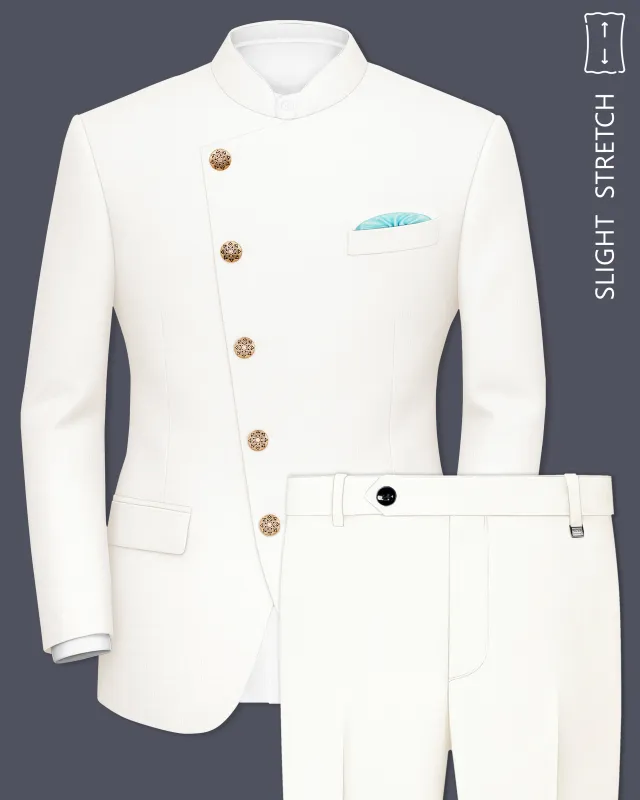 Ivory-Cararra Cream Wool Rich Cross Placket Bandhgala Slight Stretch Suit sold by French Crown