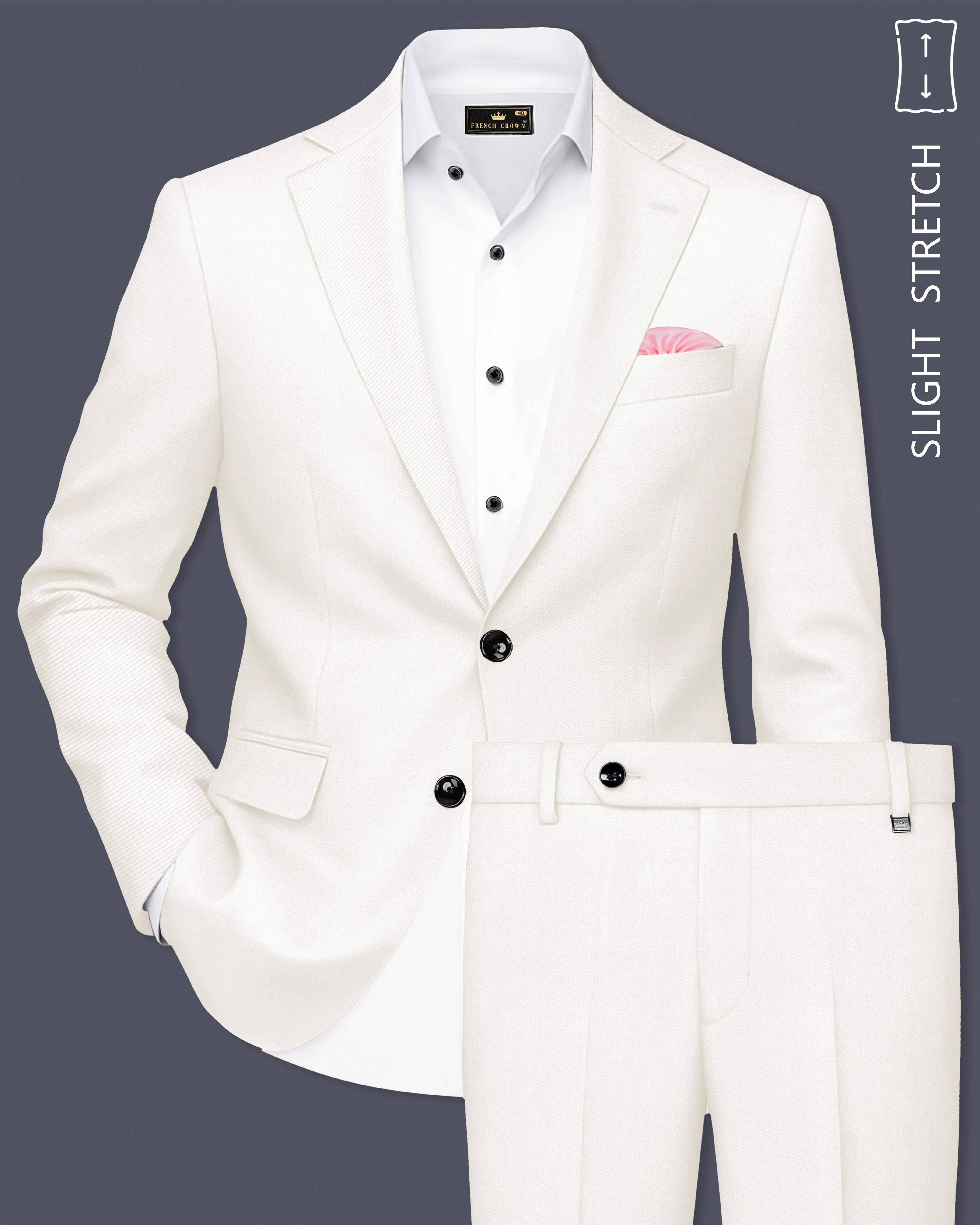 Ivory-Cararra Cream Wool Rich Single Breasted Slight Stretch Suit sold by French Crown