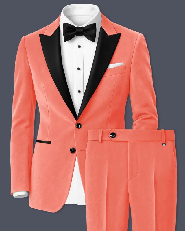 Saffron-Bittersweet Orange Velvet Peak Lapel Tuxedo Suit sold by French Crown