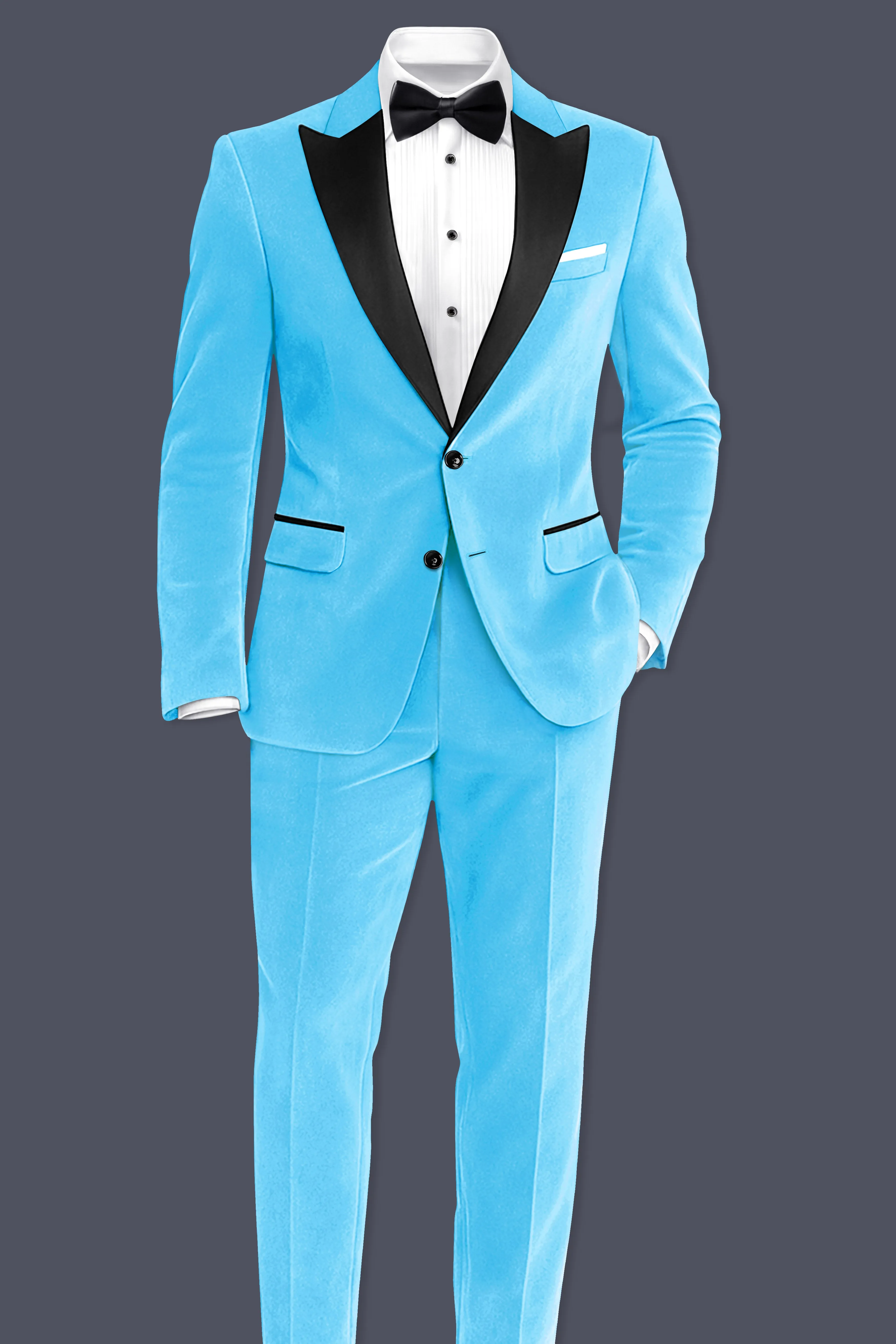Azurion-Picton Blue Velvet Peak Lapel Tuxedo Suit sold by French Crown product image thumbnail 4
