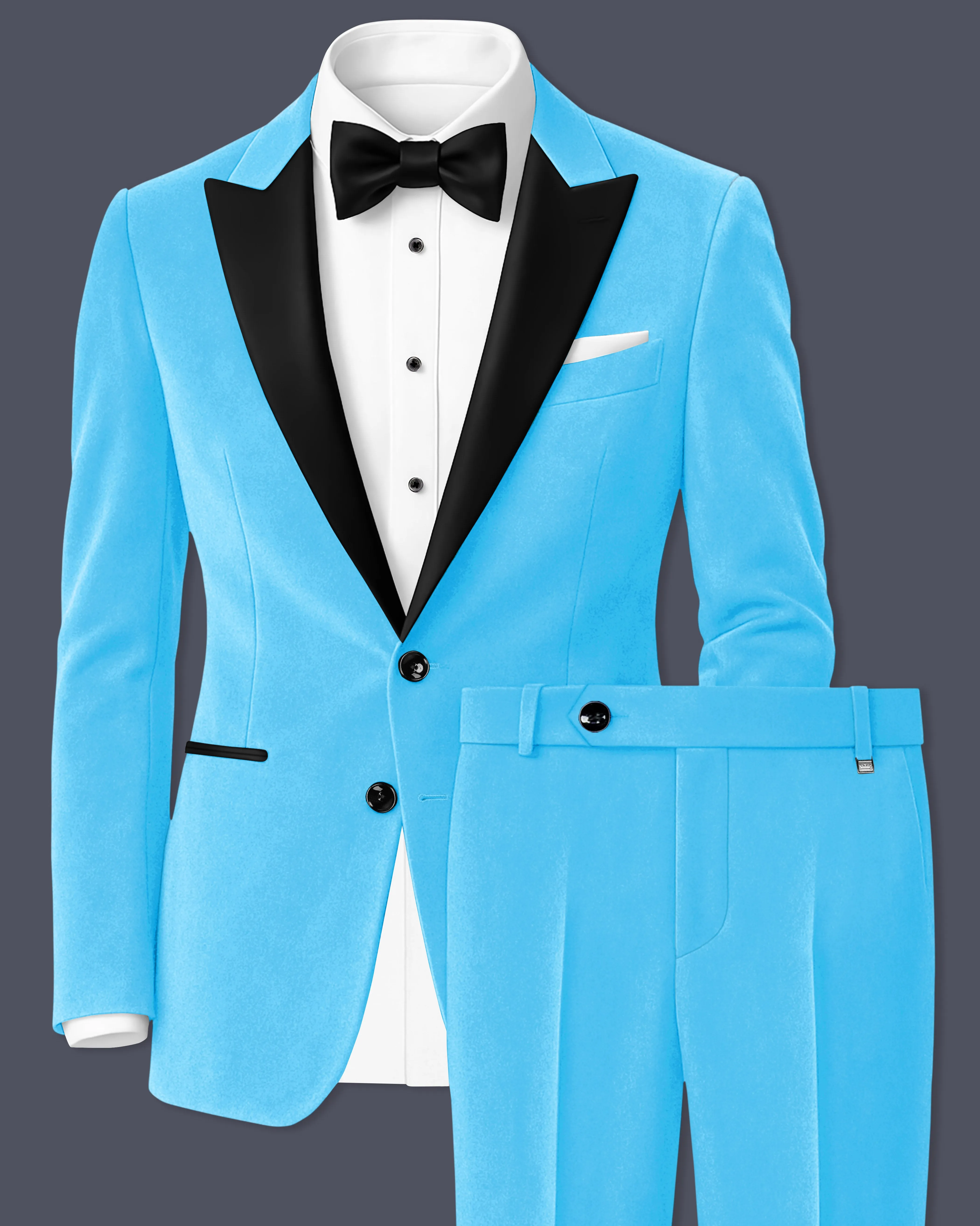 Azurion-Picton Blue Velvet Peak Lapel Tuxedo Suit sold by French Crown