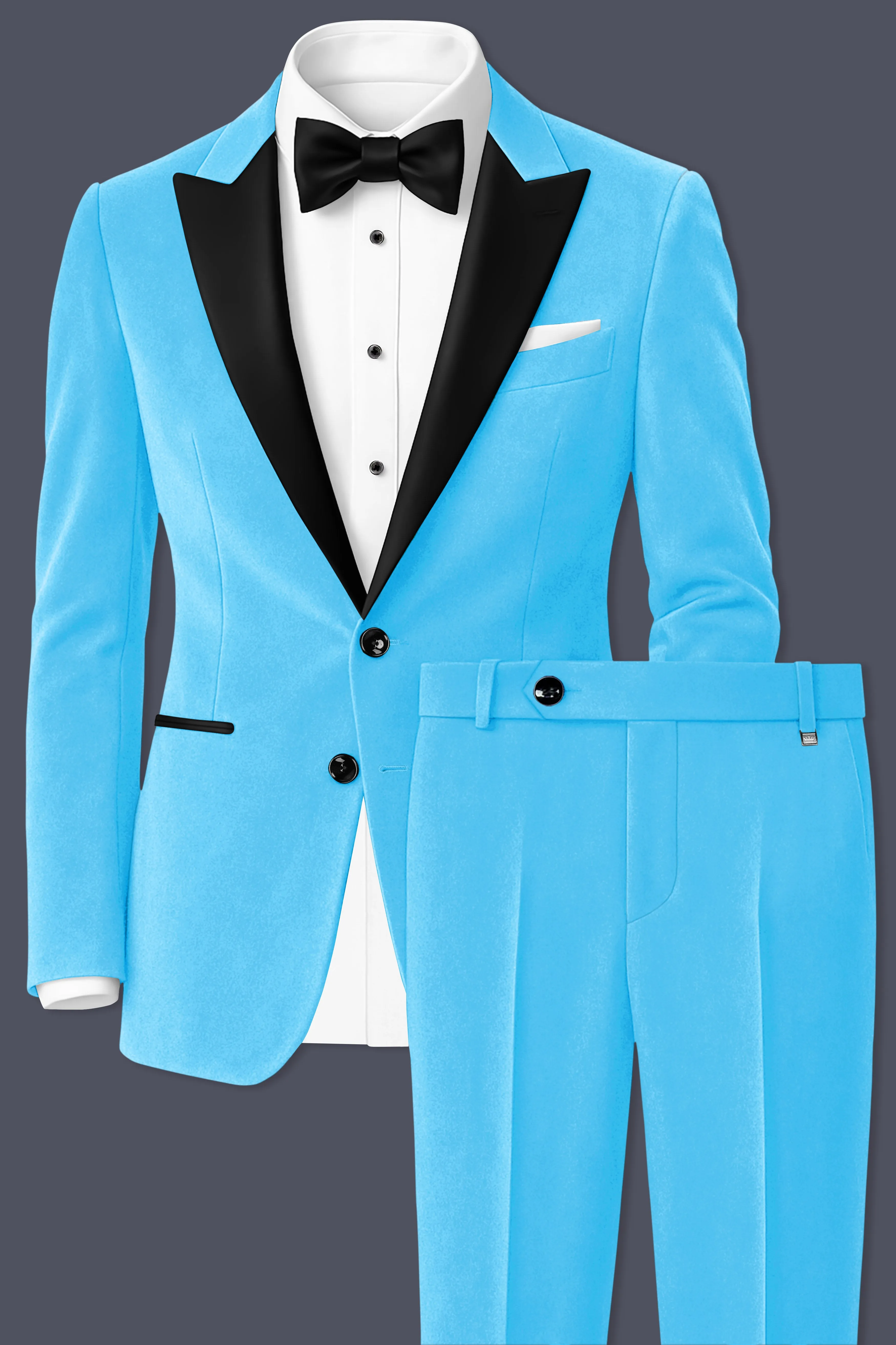 Azurion-Picton Blue Velvet Peak Lapel Tuxedo Suit sold by French Crown product image thumbnail 2