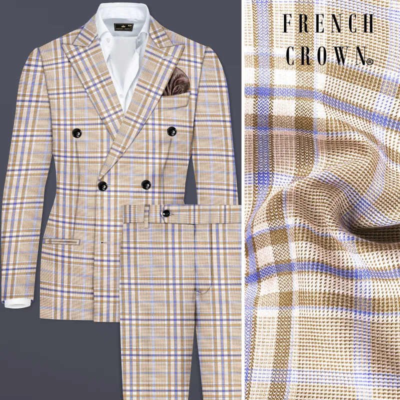 Orchid Cream And Wild Blue Plaid Wool Rich Double Breasted Suit made by French Crown