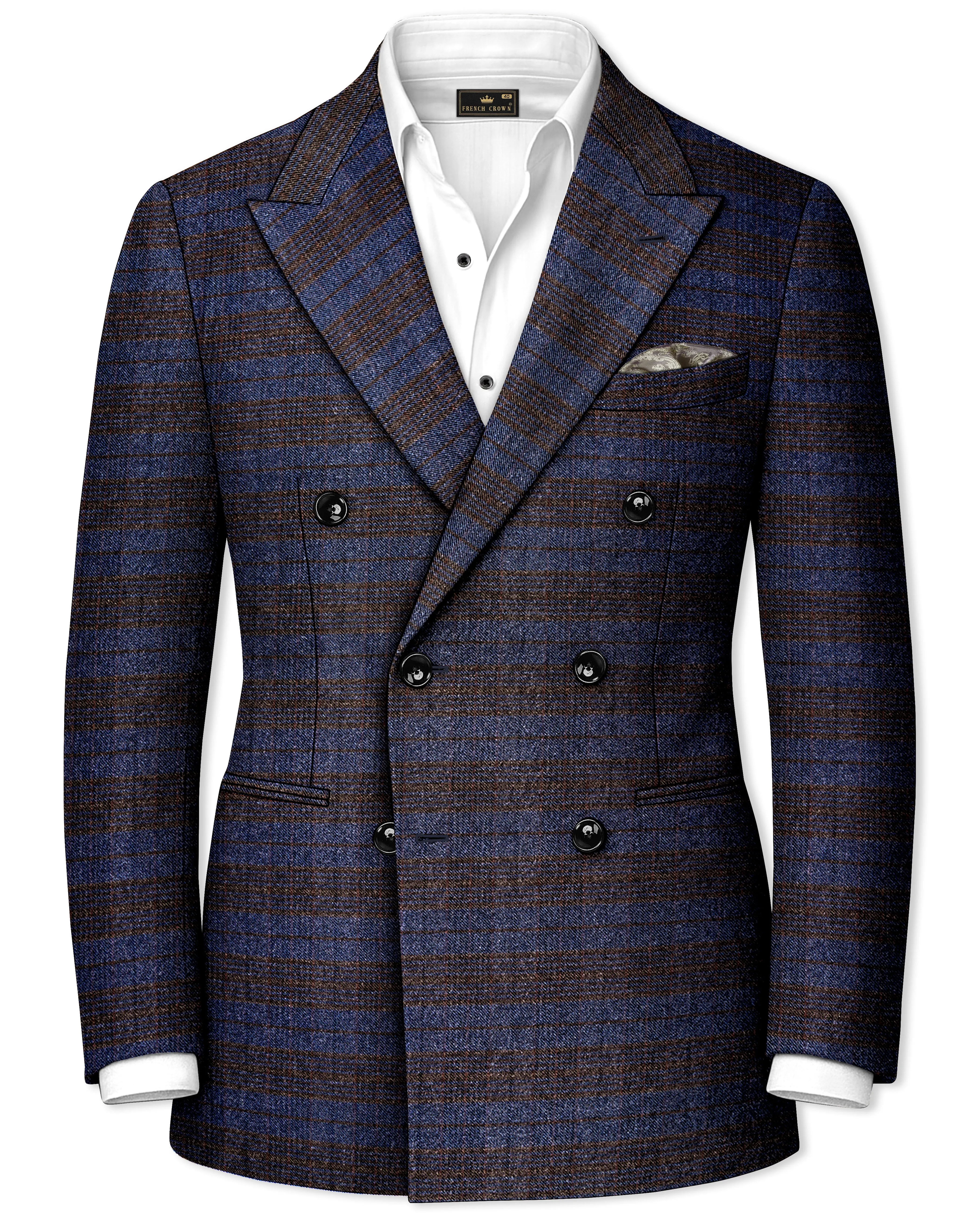 Velourish-Tealish Blue And Tuatara Gray Glen Plaid Tweed Double Breasted Blazers sold by French Crown