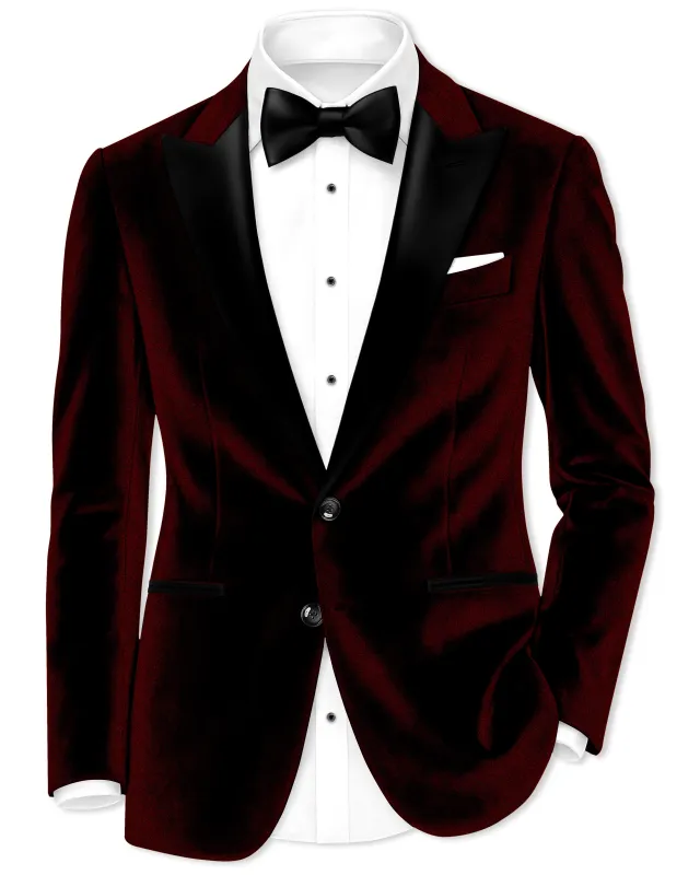 Crimson-Sepia Red Velvet Peak Lapel Tuxedo Blazer sold by French Crown