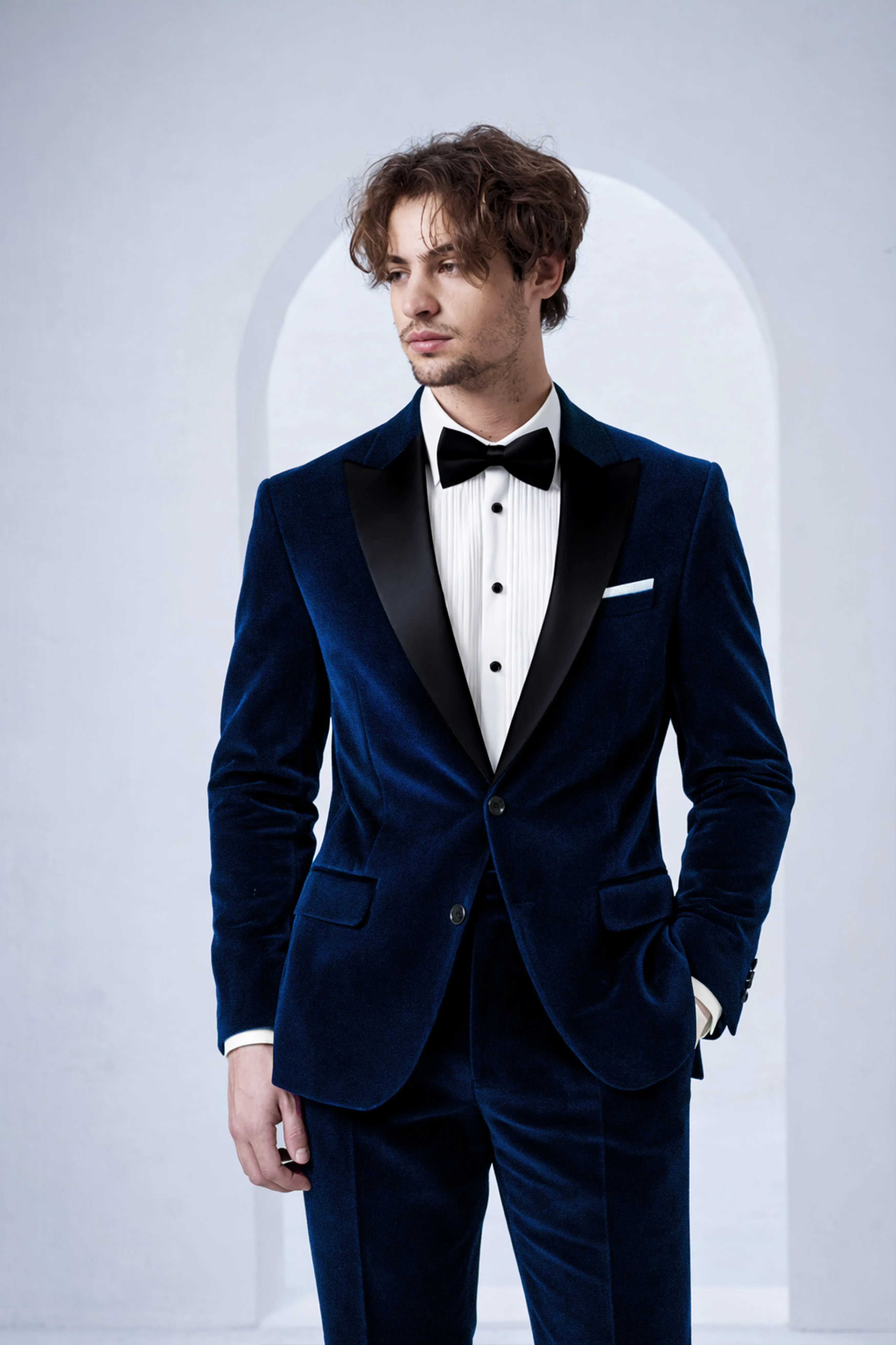 Ashen-Cinder Blue Velvet Peak Lapel Tuxedo Blazer sold by French Crown product image thumbnail 4