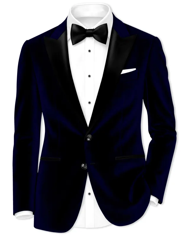 Aether-Stratos Blue Velvet Peak Lapel Tuxedo Blazer sold by French Crown