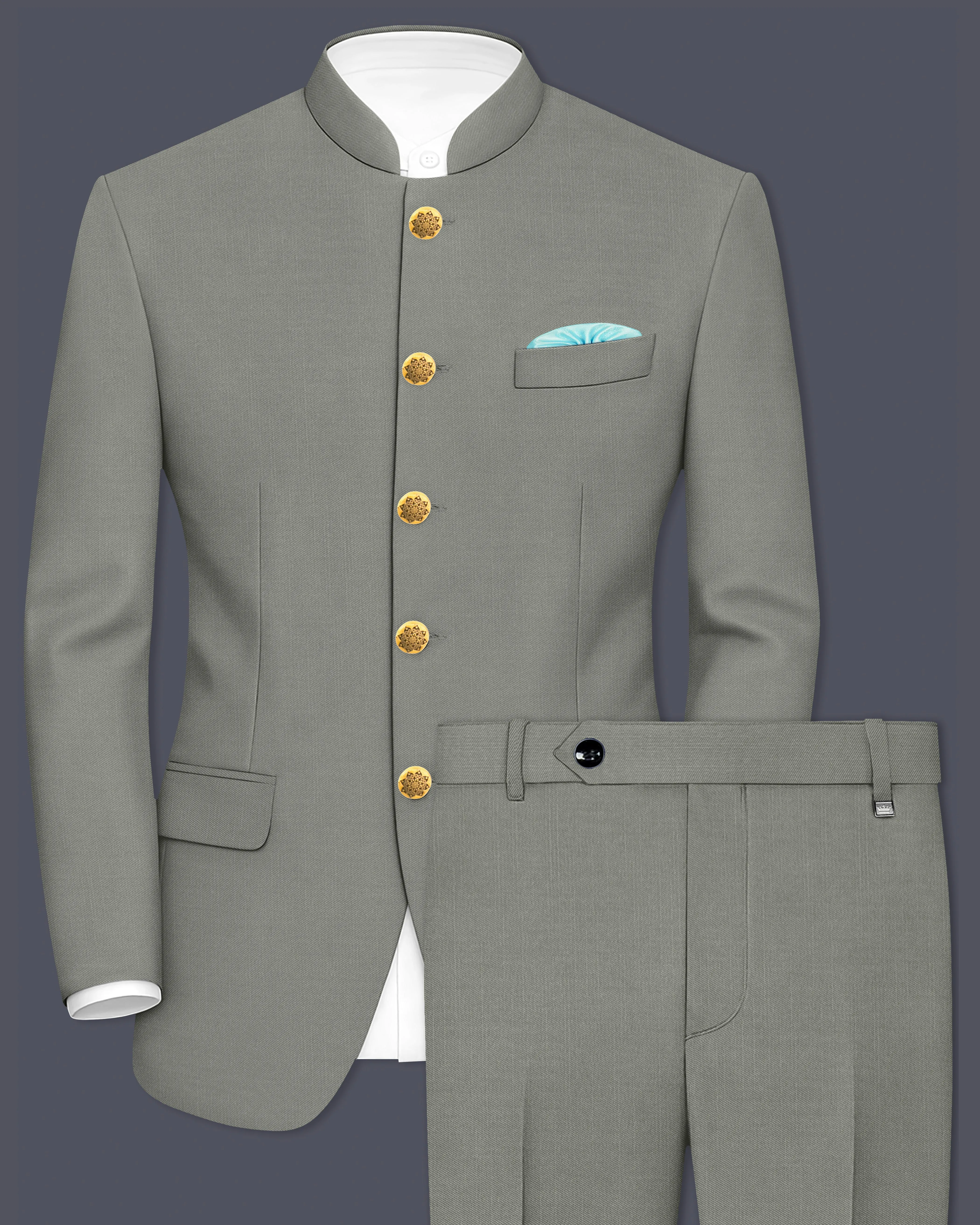 Verdure-Sage Green Wool Rich Bandhgala Slight Stretch Suits sold by French Crown