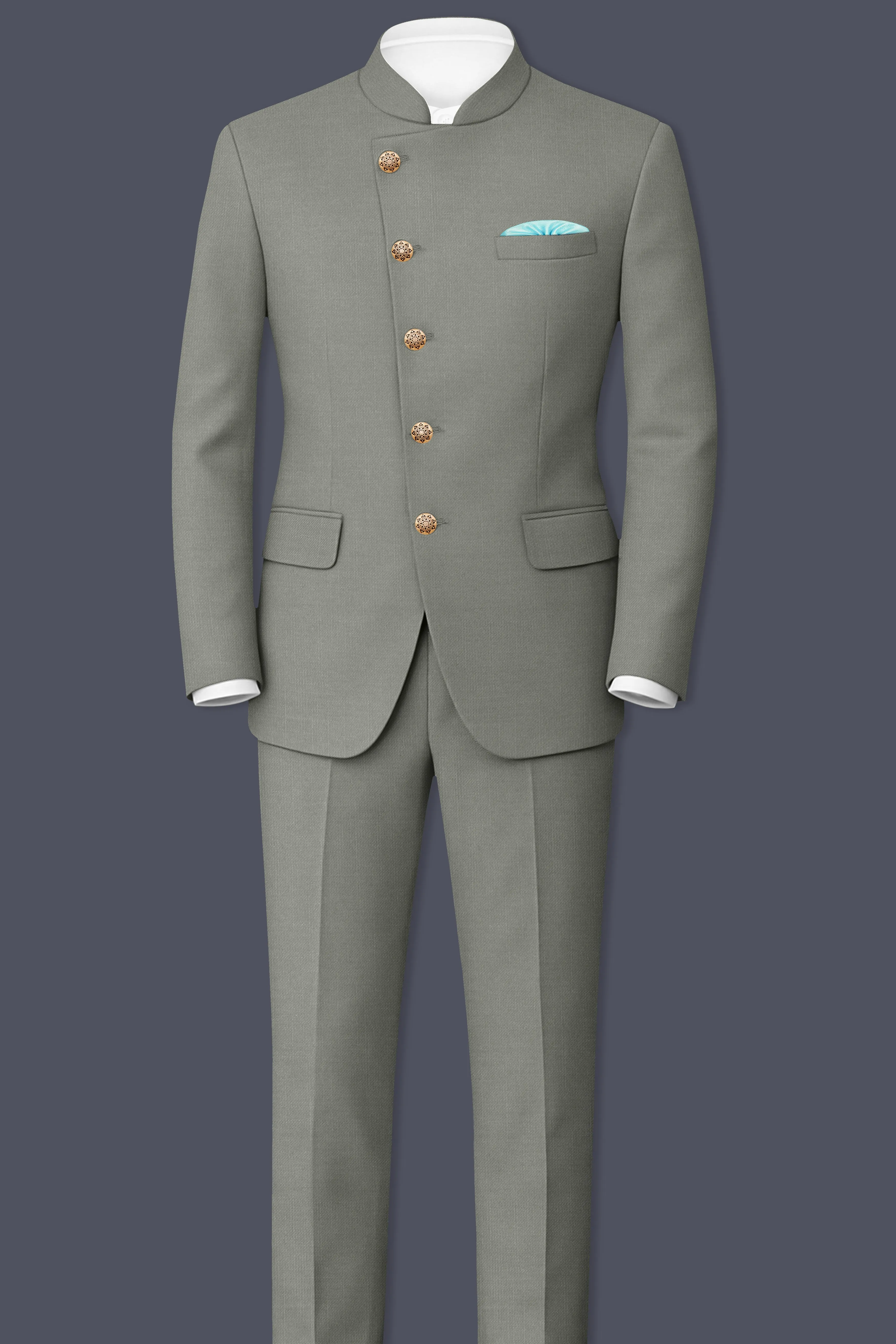 Verdure-Sage Green Wool Rich Cross Placket Bandhgala Slight Stretch Suits sold by French Crown product image thumbnail 4