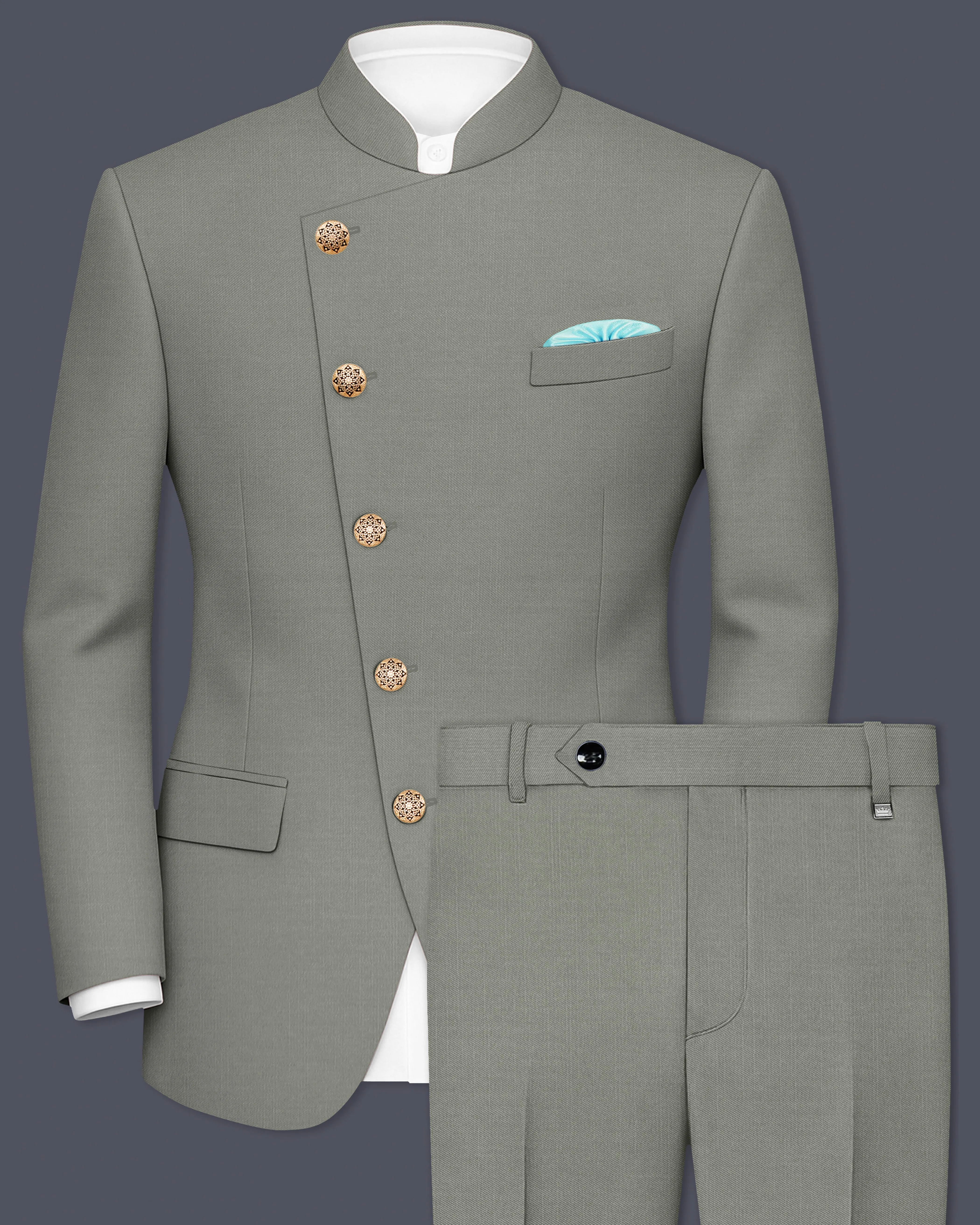 Verdure-Sage Green Wool Rich Cross Placket Bandhgala Slight Stretch Suits sold by French Crown