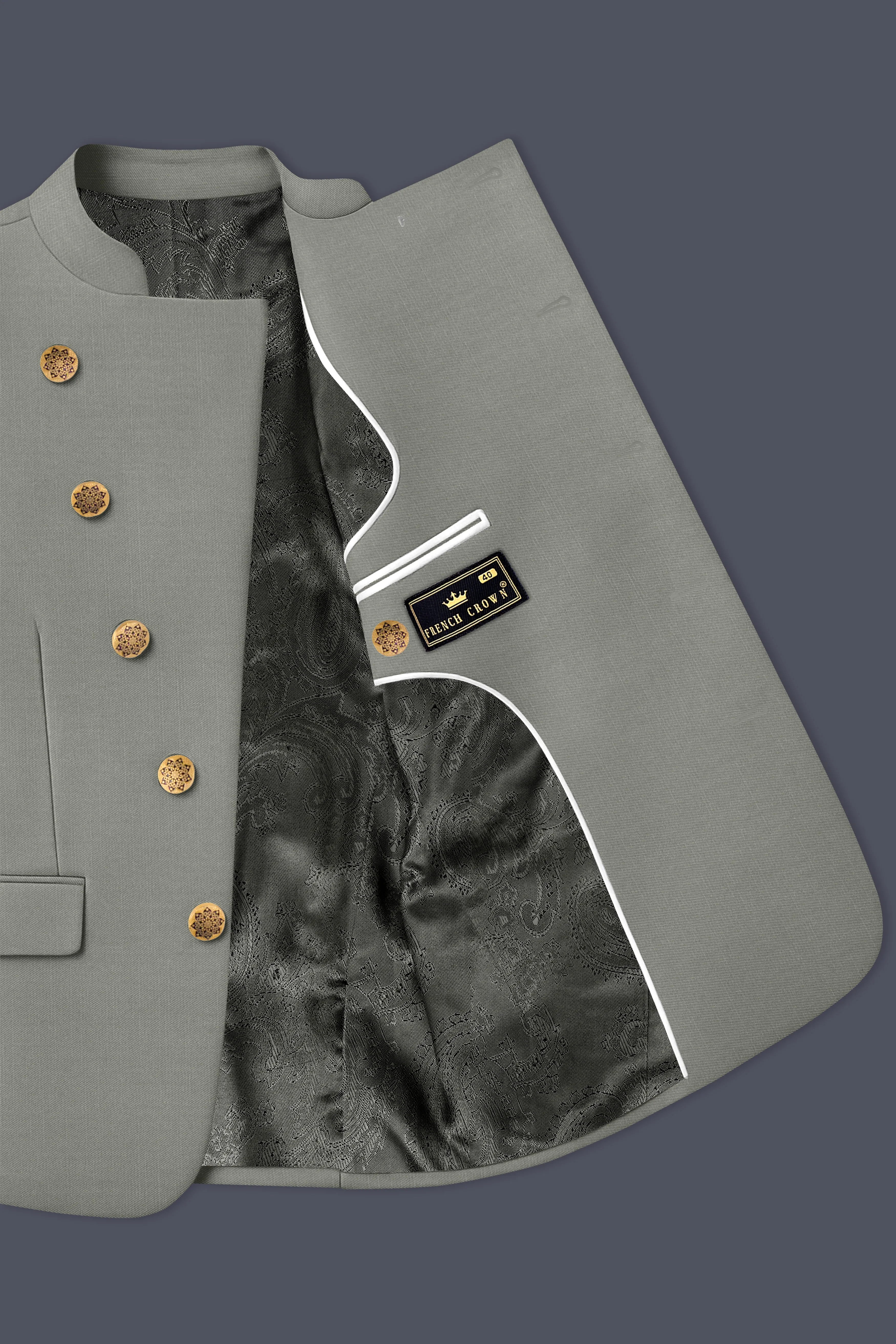 Verdure-Sage Green Wool Rich Cross Placket Bandhgala Slight Stretch Suits sold by French Crown product image thumbnail 5