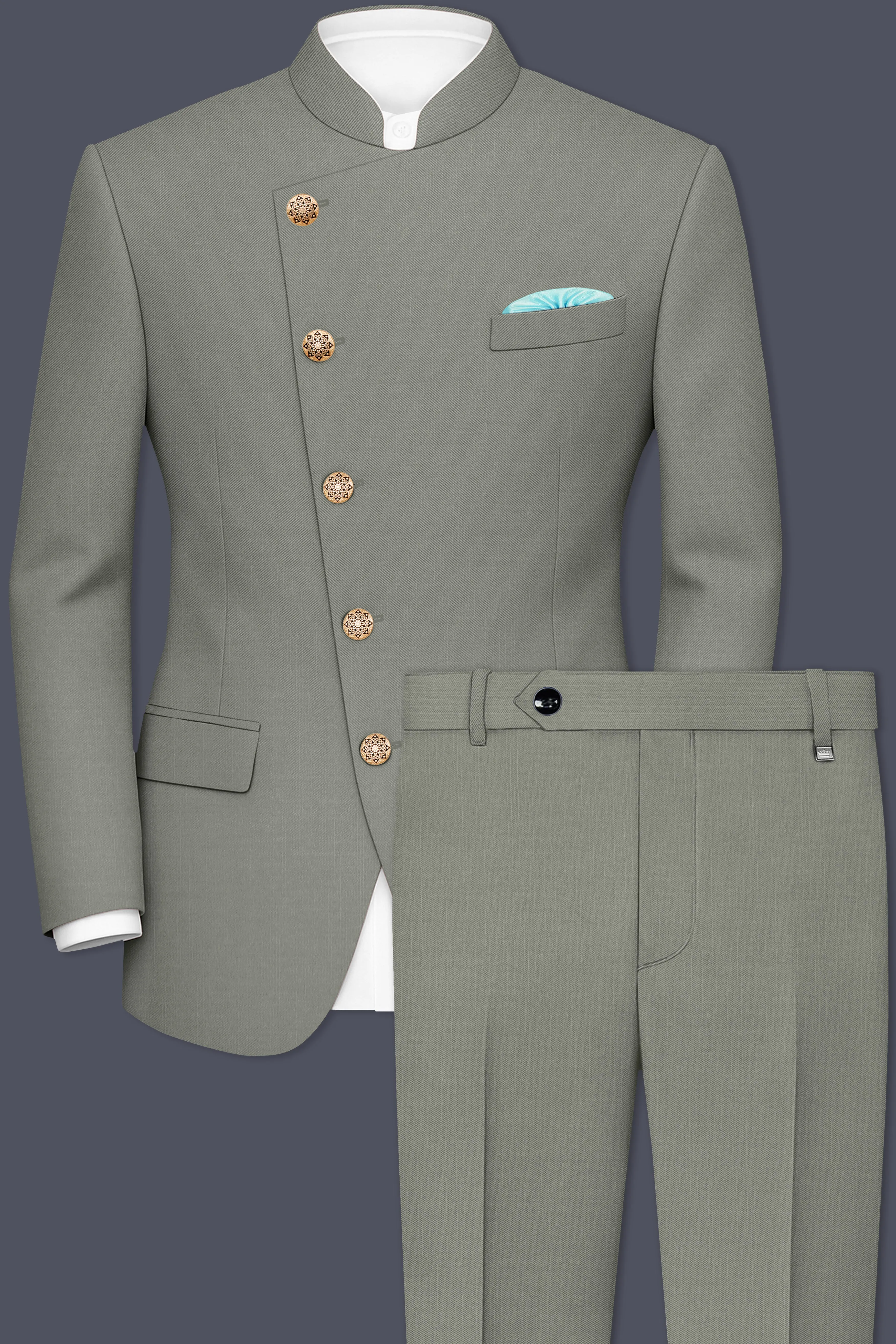Verdure-Sage Green Wool Rich Cross Placket Bandhgala Slight Stretch Suits sold by French Crown product image thumbnail 2