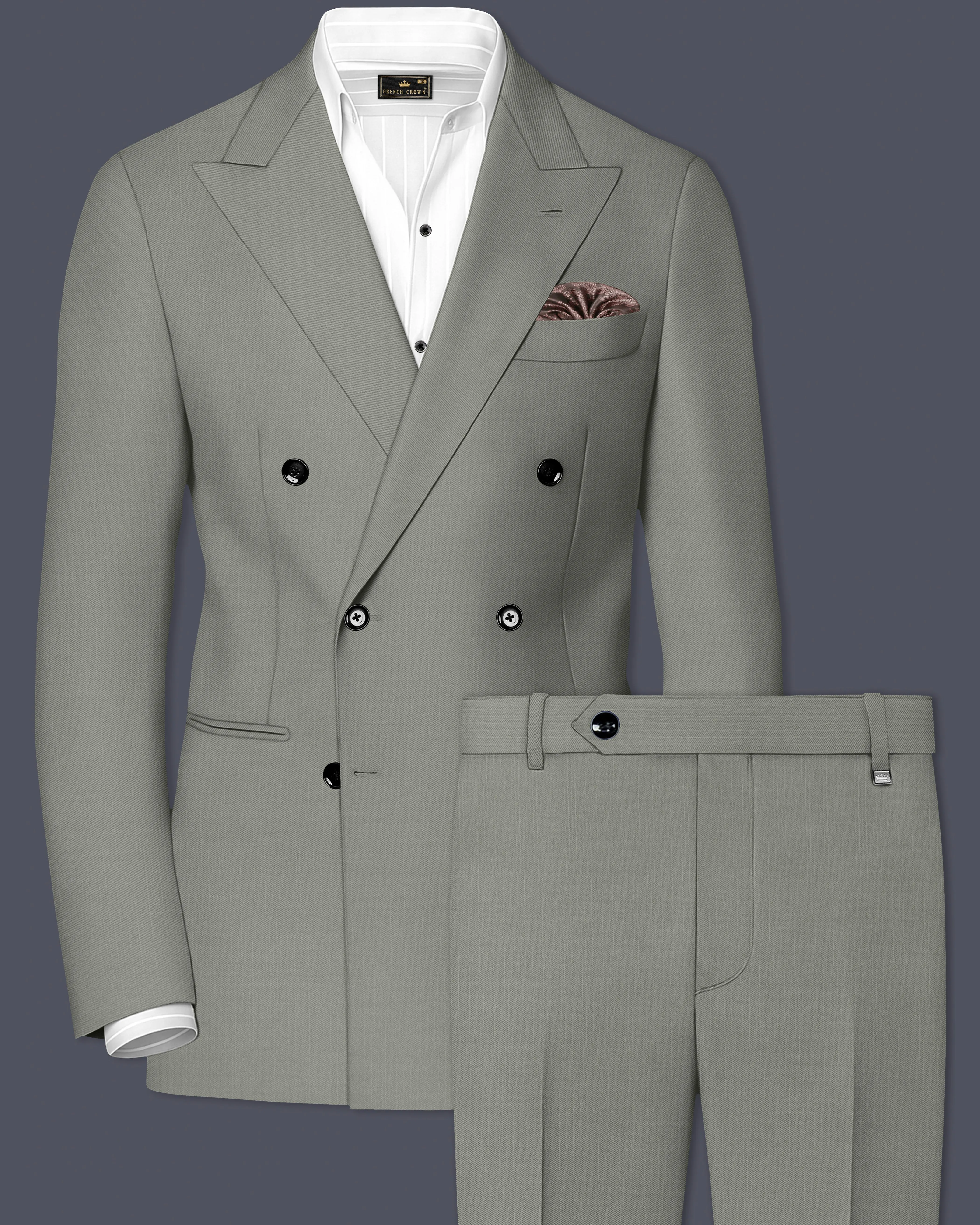 Verdure-Sage Green Wool Rich Double Breasted Slight Stretch Suits sold by French Crown