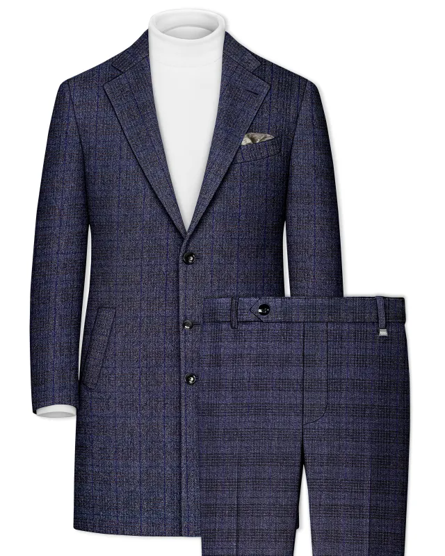 Horizon-Martinique Blue windowpane Tweed Single Breasted Overcoat With Pant made by French Crown