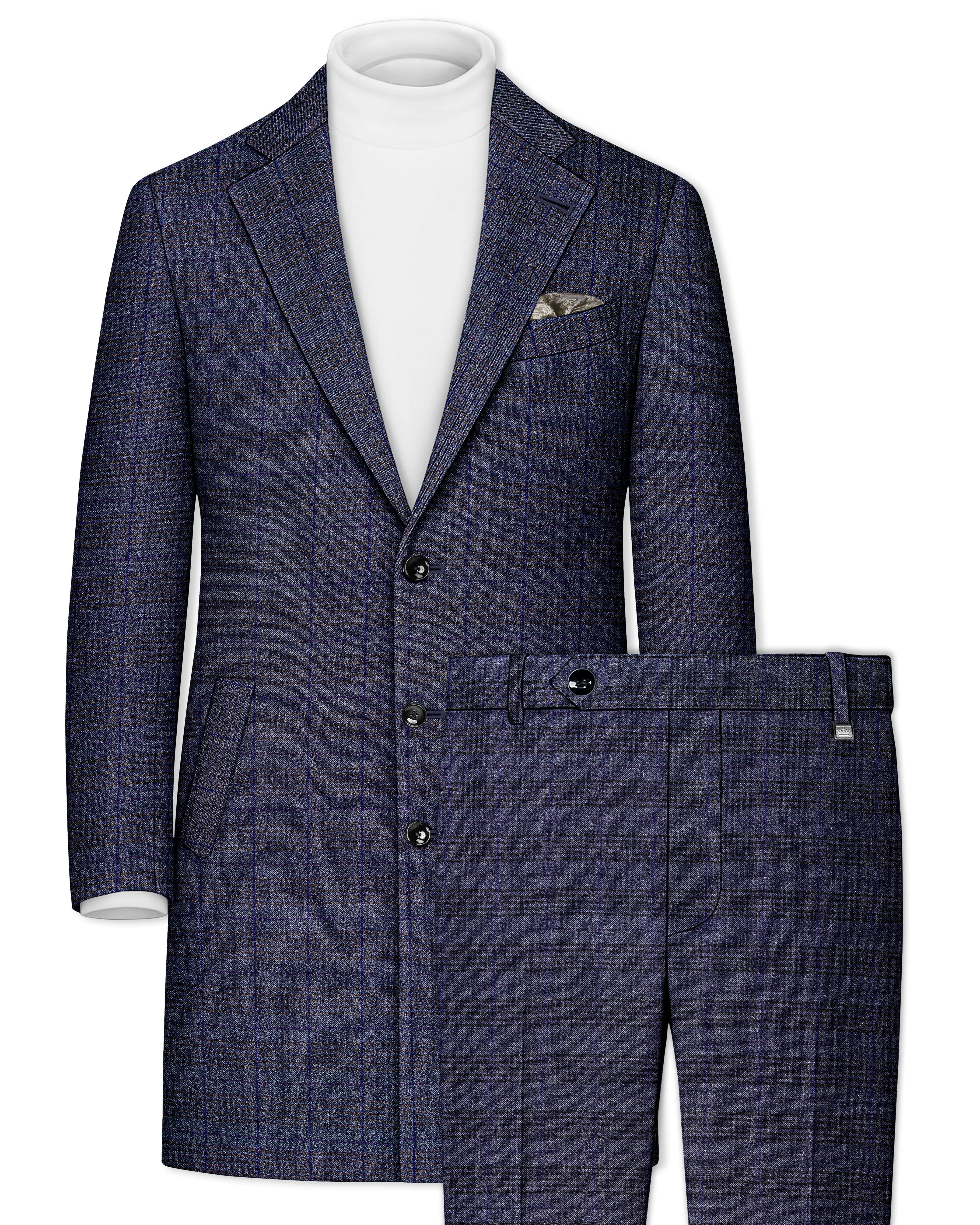 Horizon-Martinique Blue windowpane Tweed Single Breasted Overcoat With Pant sold by French Crown
