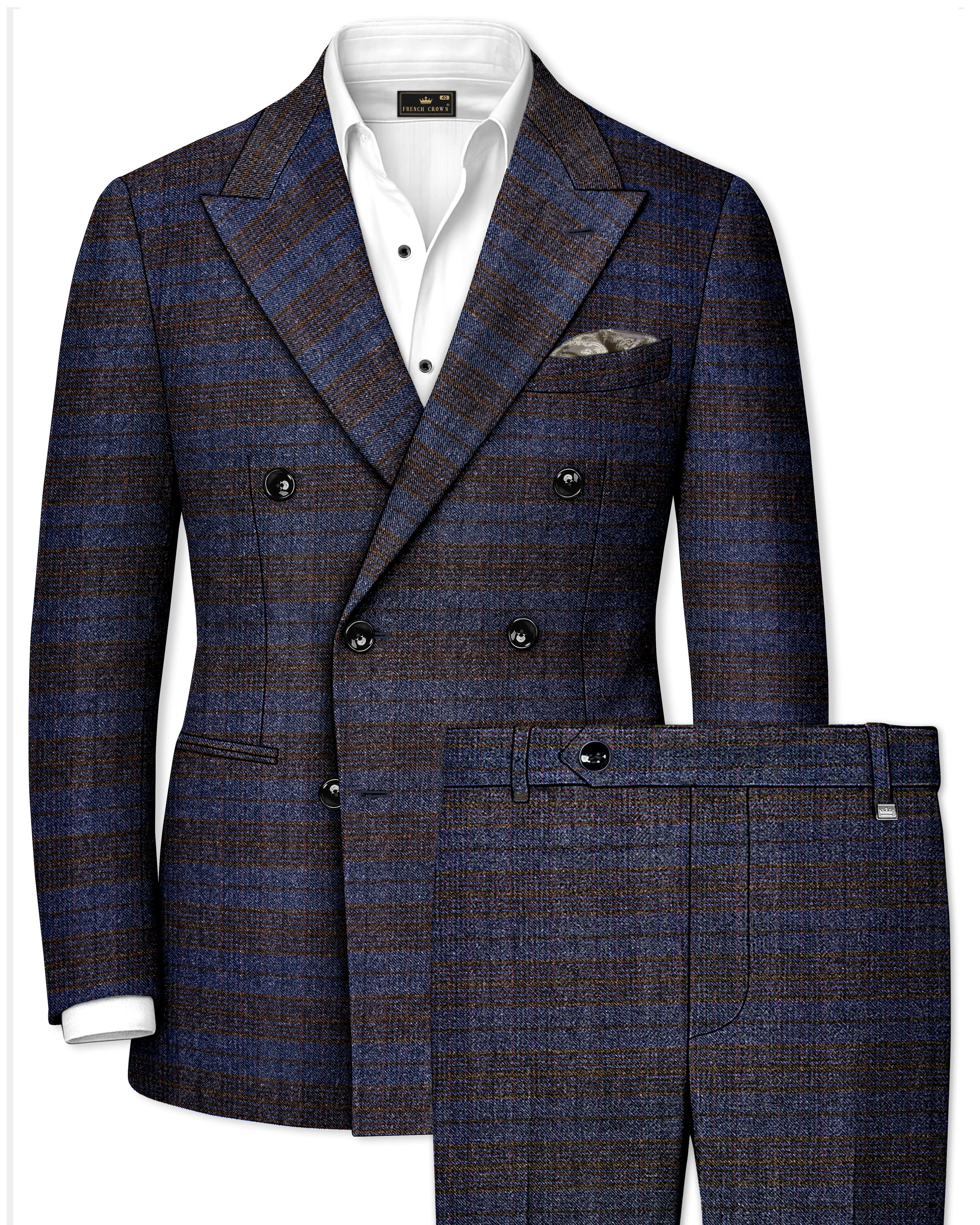 Velourish-Tealish Blue And Tuatara Gray Glen Plaid Tweed Double Breasted Suits sold by French Crown