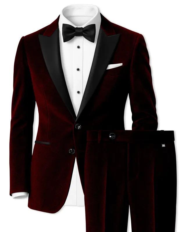 Crimson-Sepia Red Velvet Peak Lapel Tuxedo Suit sold by French Crown