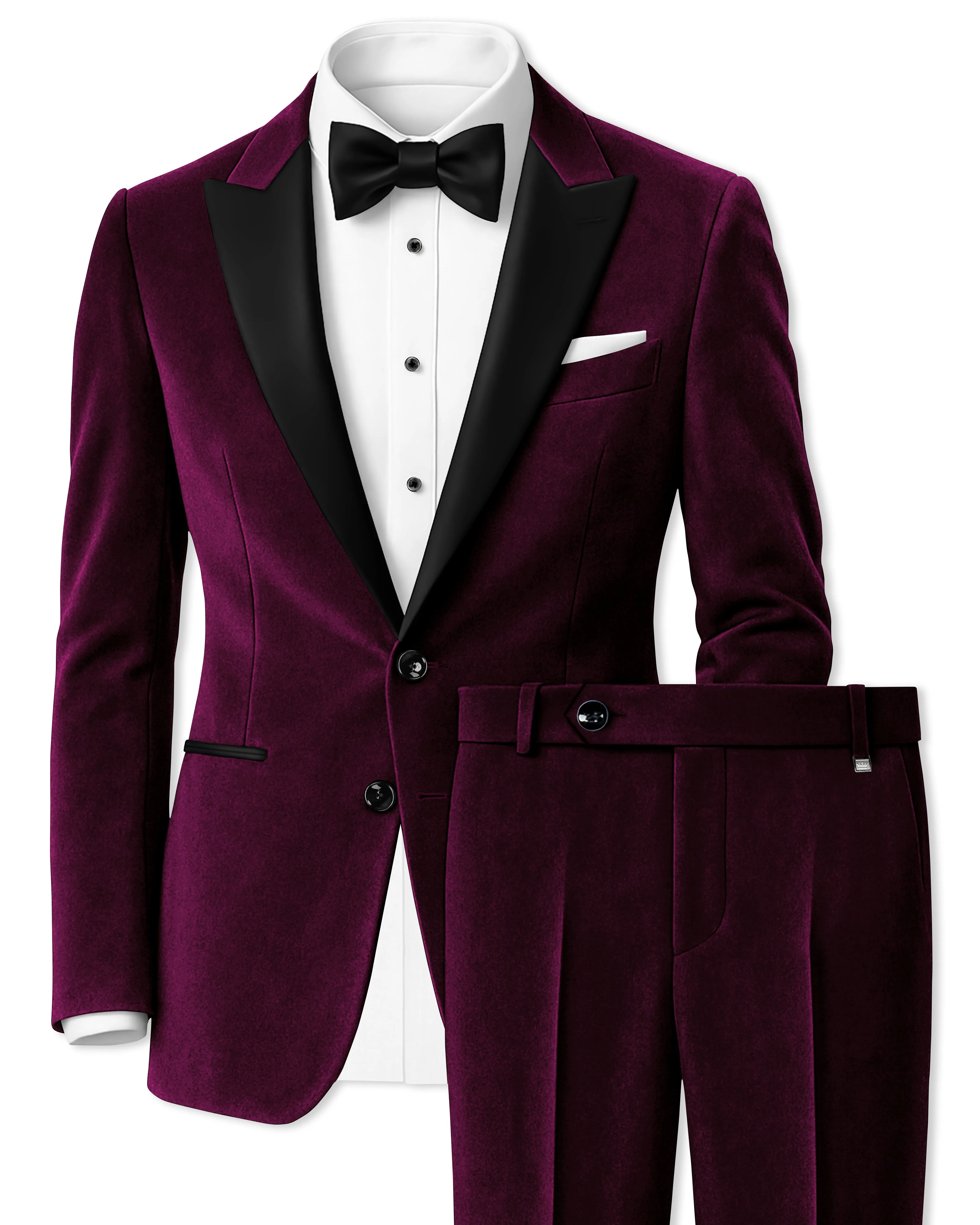 Corale-Tamarind Pink Velvet Peak Lapel Tuxedo Suit sold by French Crown