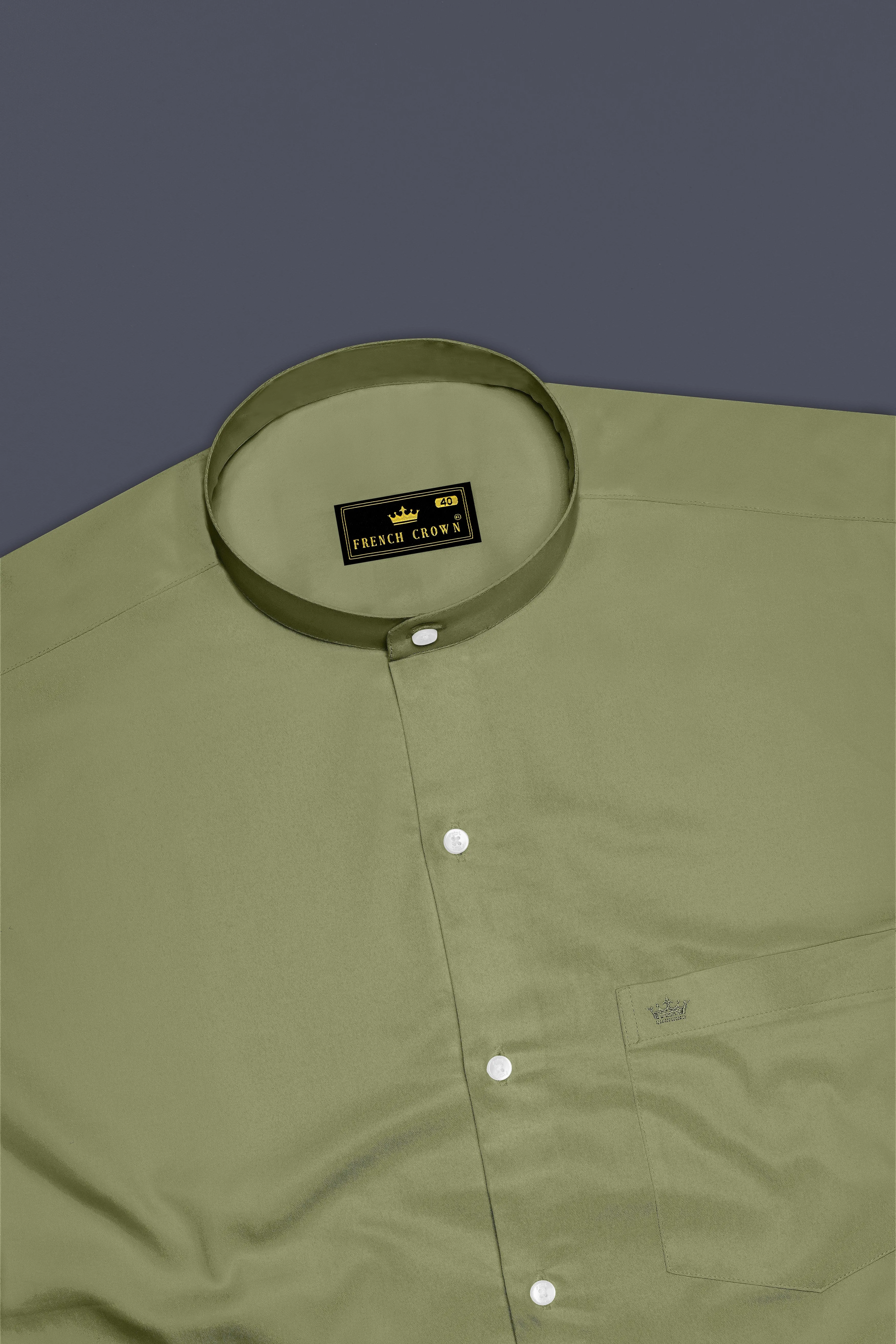 Olvoro-Flex Smoke Green Subtle Sheen Super Soft Premium Cotton Mandarin Dress Shirt sold by French Crown product image thumbnail 5