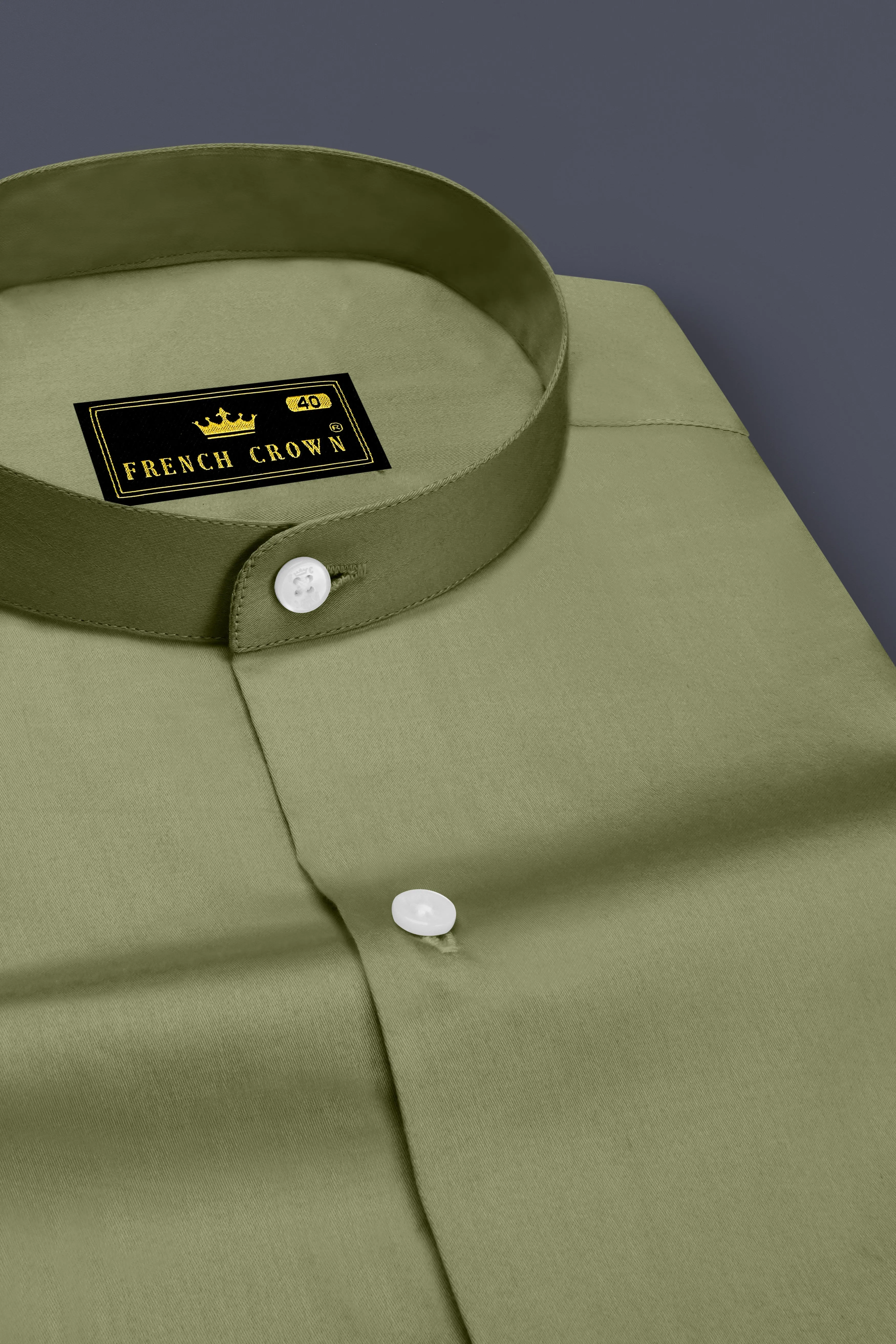 Olvoro-Flex Smoke Green Subtle Sheen Super Soft Premium Cotton Mandarin Dress Shirt sold by French Crown product image thumbnail 2