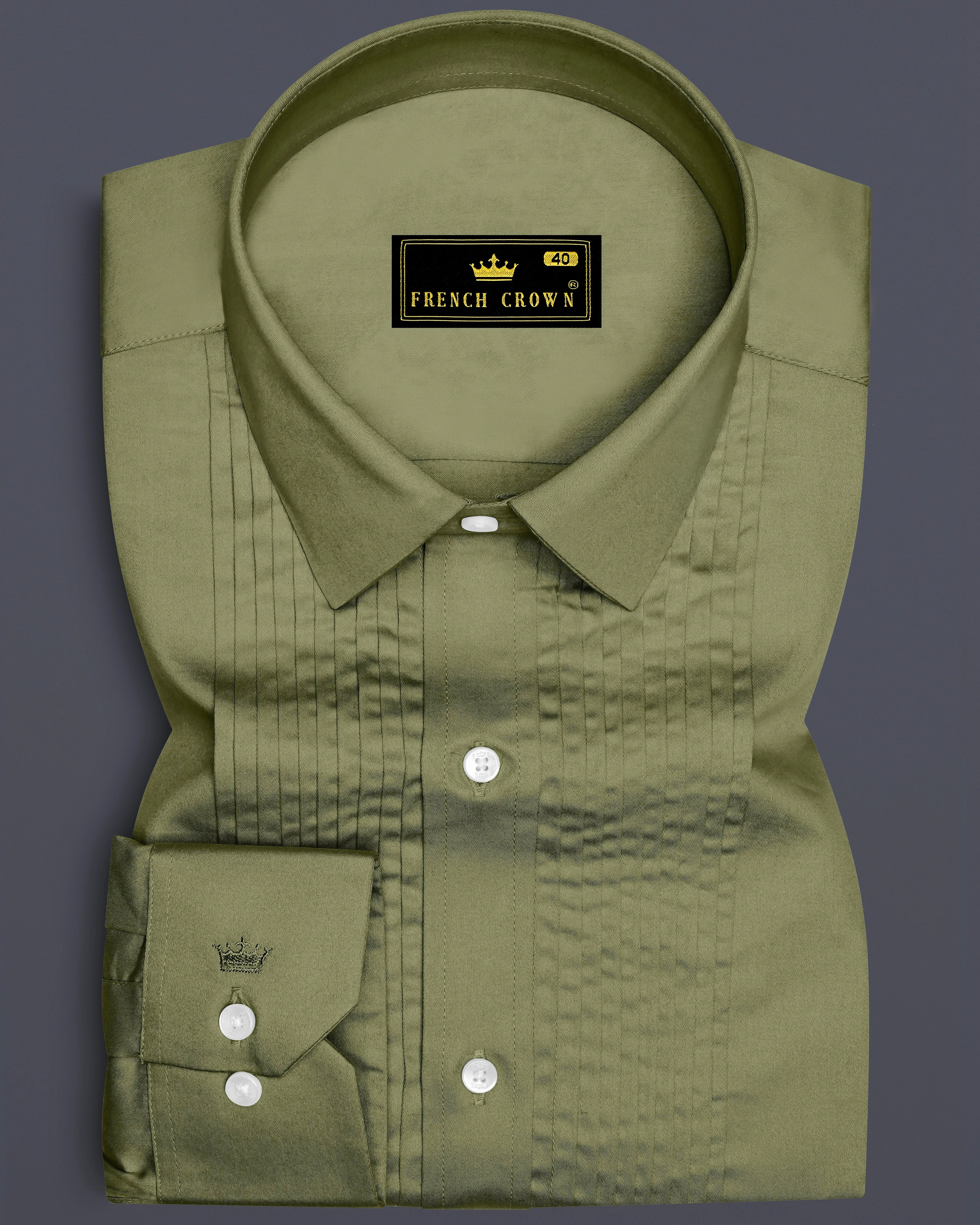 Olvoro-Flex Smoke Green Subtle Sheen Super Soft Premium Cotton Tuxedo Dress Shirt sold by French Crown