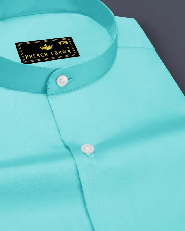 Azure-Downy Blue Subtle Sheen Super Soft Premium Cotton Mandarin Dress Shirt sold by French Crown