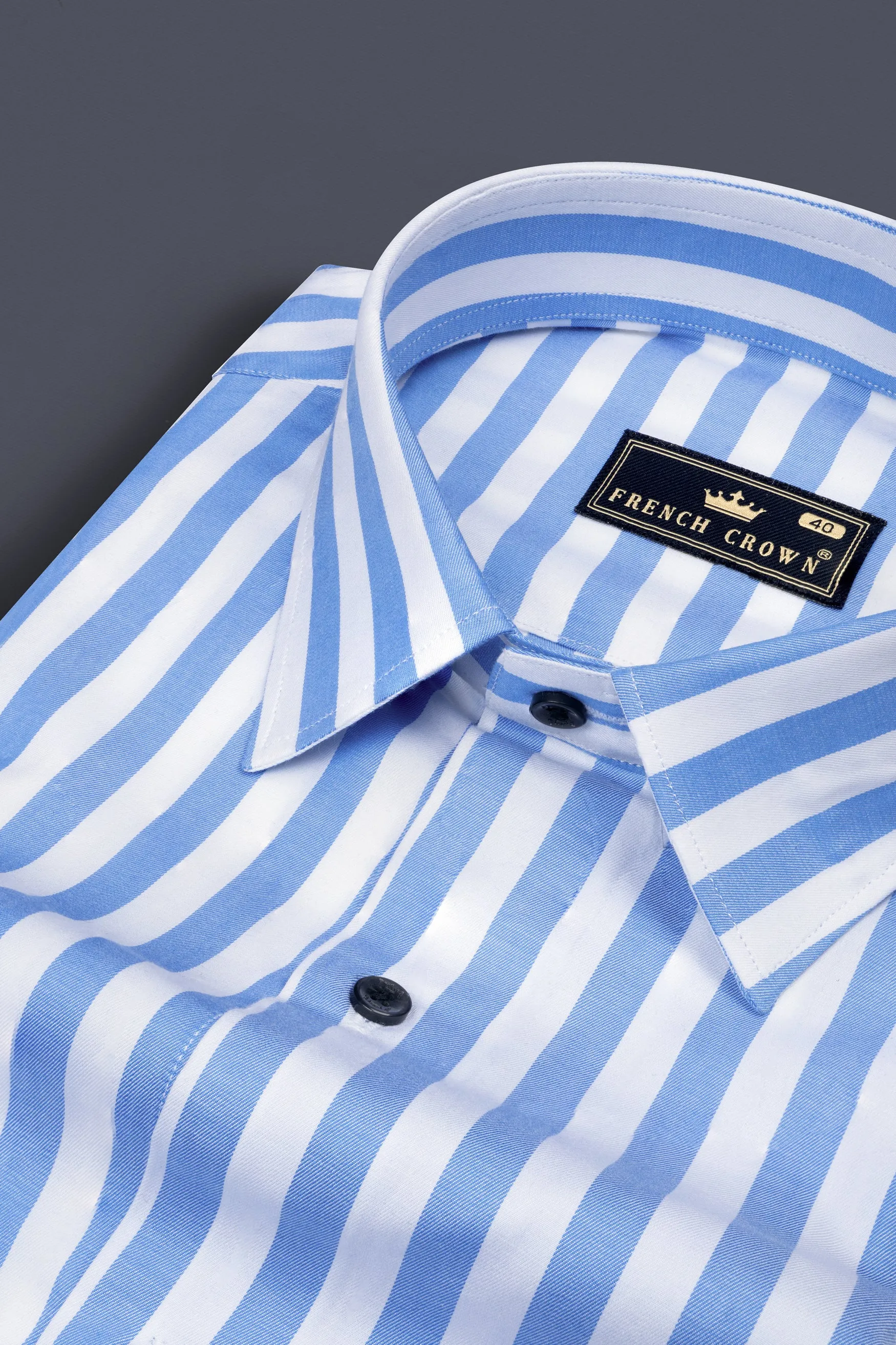 Cornflower Blue with White Striped Poplin Giza Cotton Shirt sold by French Crown