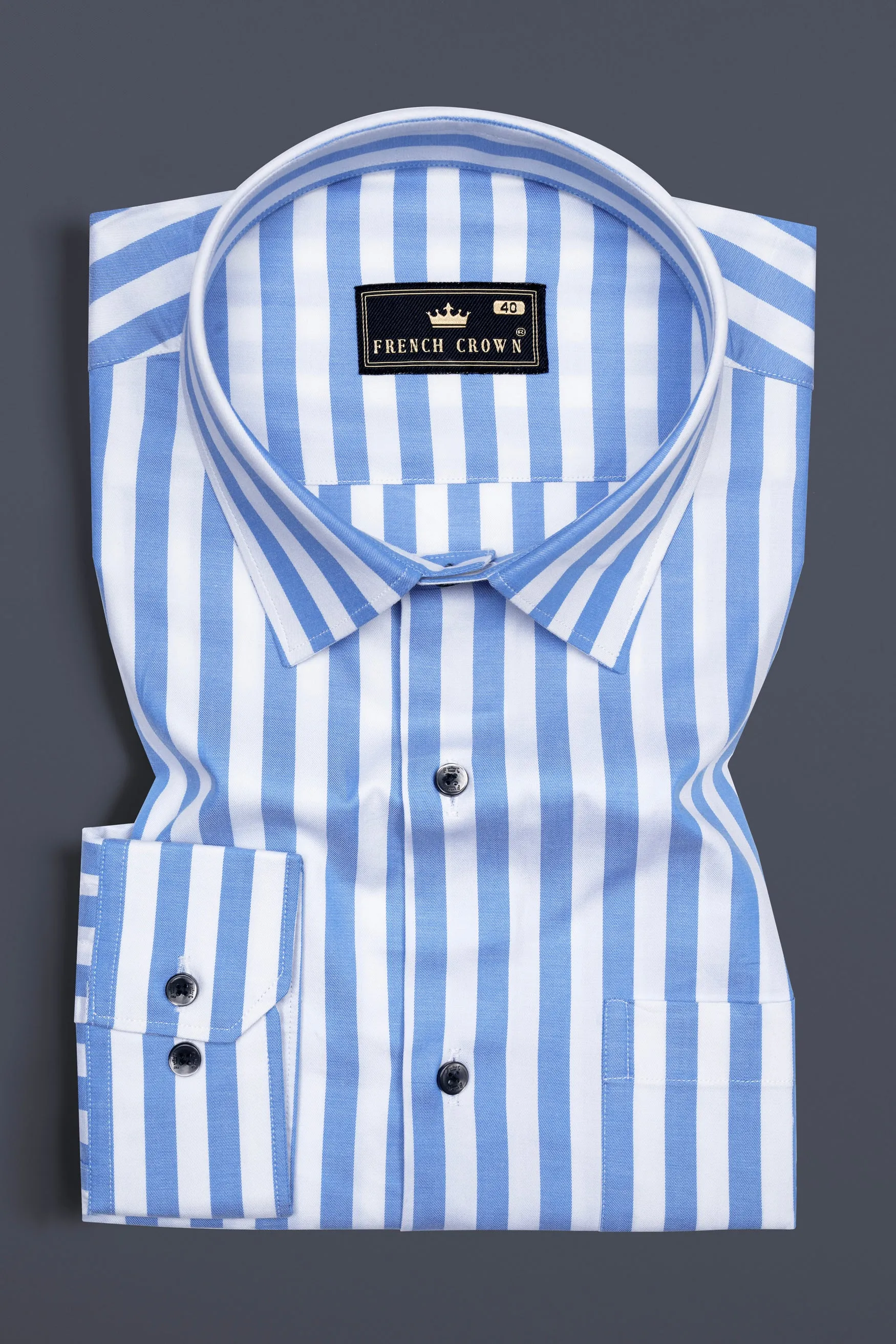 Cornflower Blue with White Striped Poplin Giza Cotton Shirt sold by French Crown product image thumbnail 3