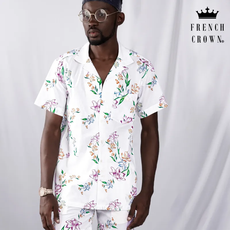 Bright White with Leaf Green and Plum Pink Floral Printed Premium Cotton Designer Shirt sold by French Crown