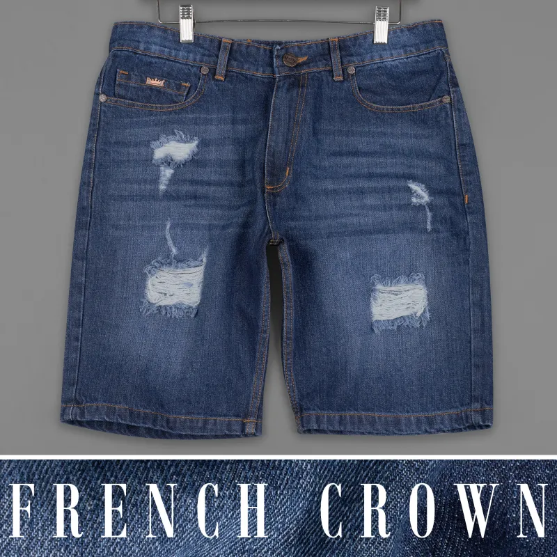 Rhino Blue Mildly Distressed Washed Denim Shorts made by French Crown