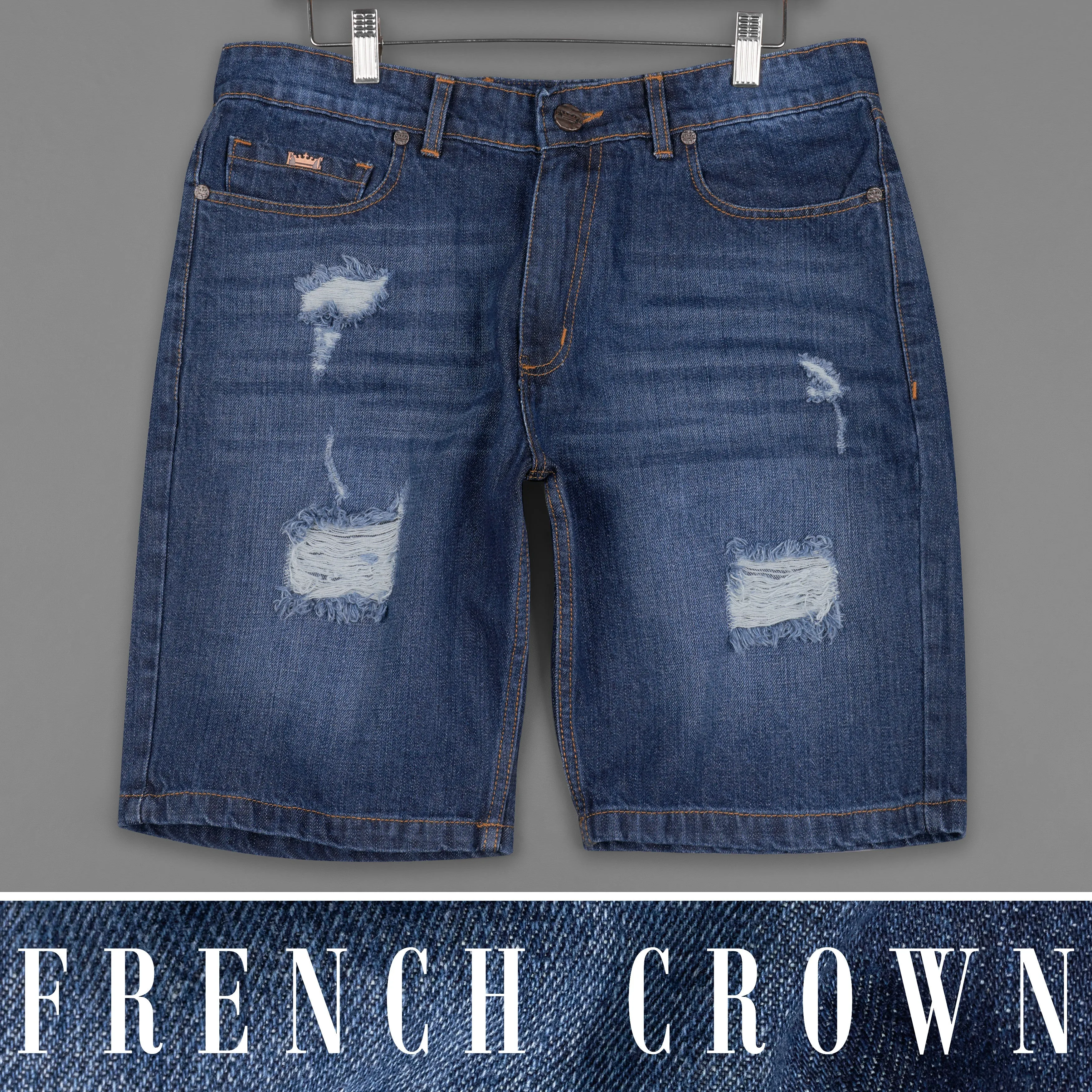 Rhino Blue Mildly Distressed Washed Denim Shorts sold by French Crown