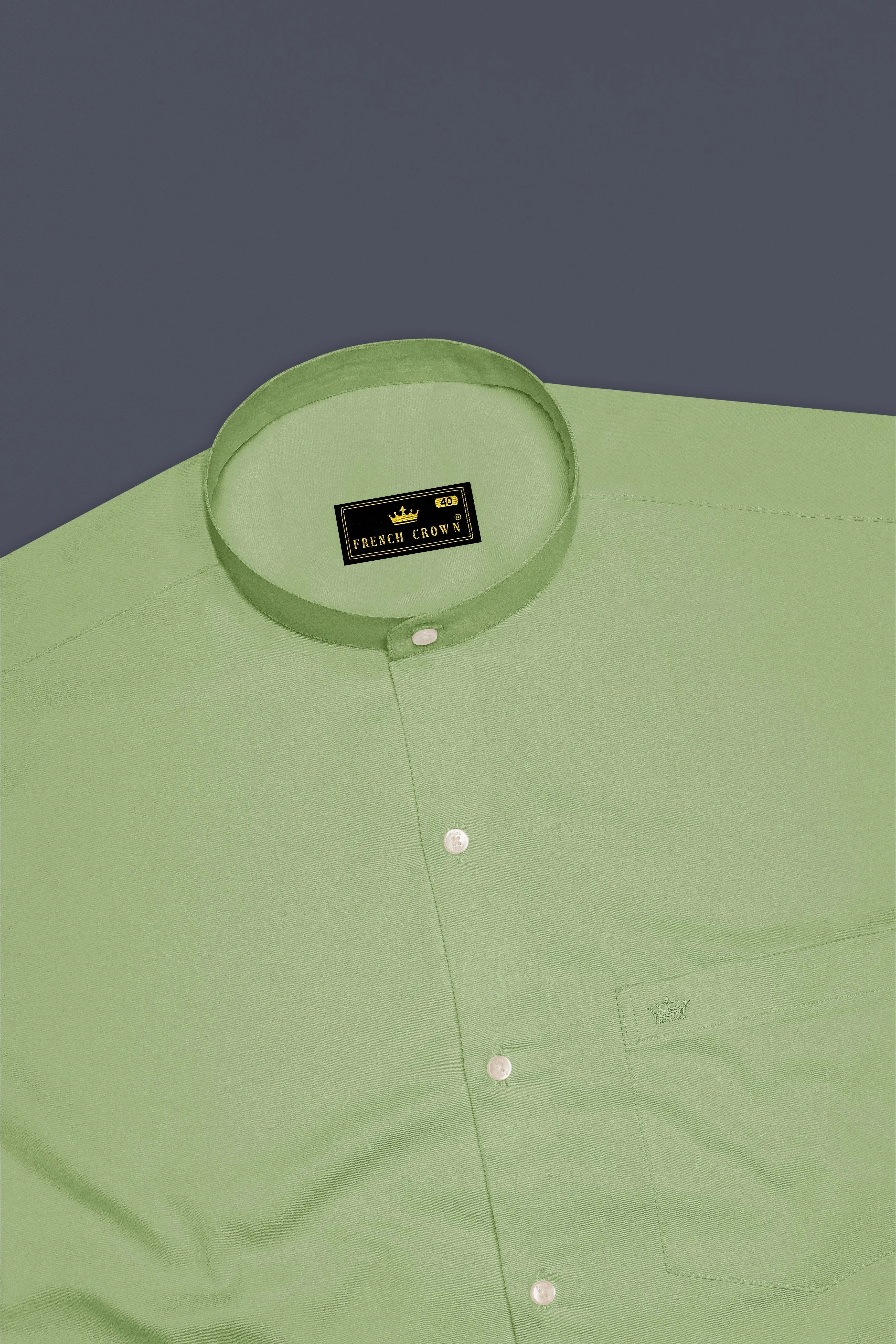Verdan-Tan Green Subtle Sheen Super Soft Premium Cotton Mandarin Dress Shirt sold by French Crown product image thumbnail 5
