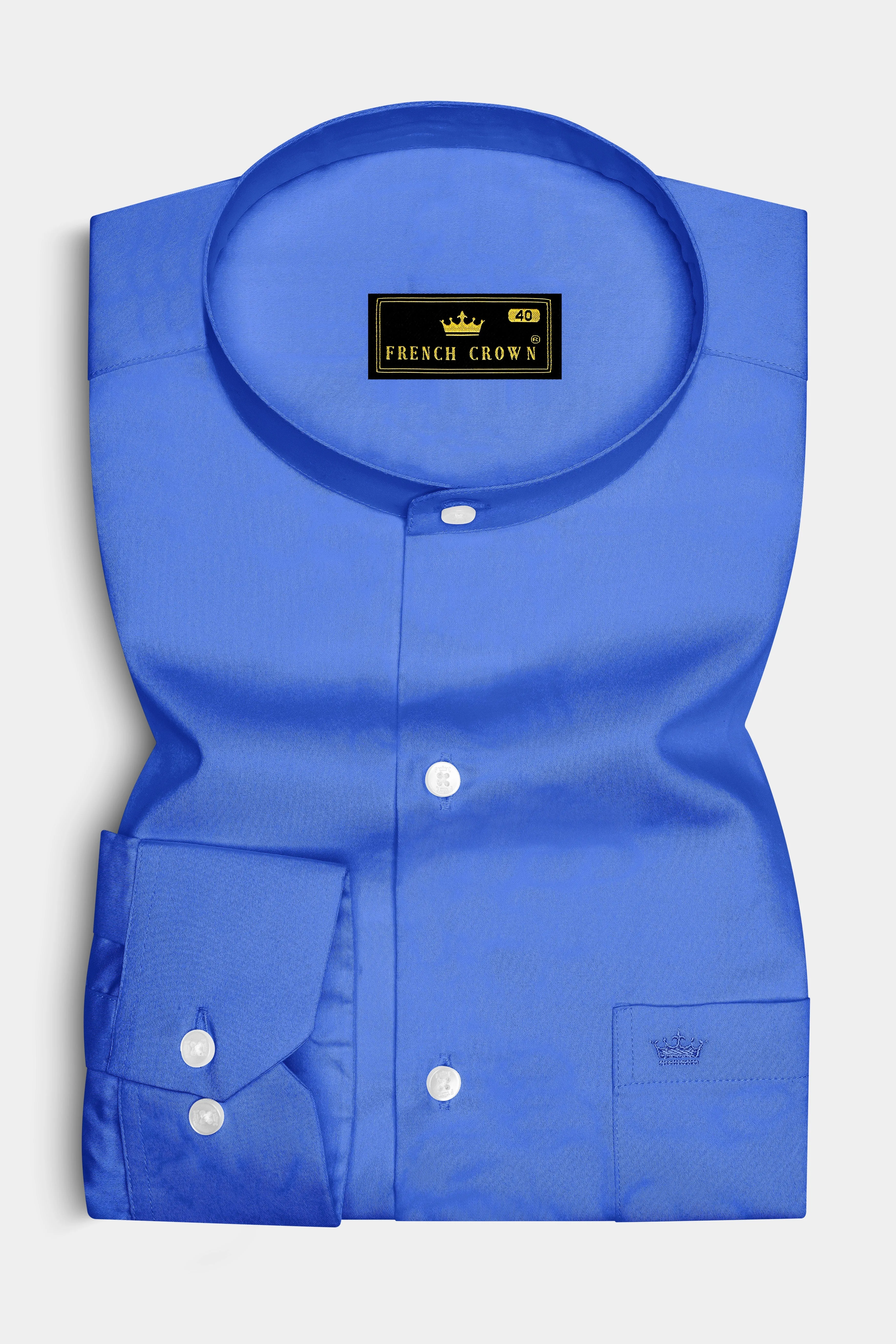 Azurion-Mariner Blue Subtle Sheen Super Soft Premium Cotton Mandarin Dress Shirt sold by French Crown product image thumbnail 4