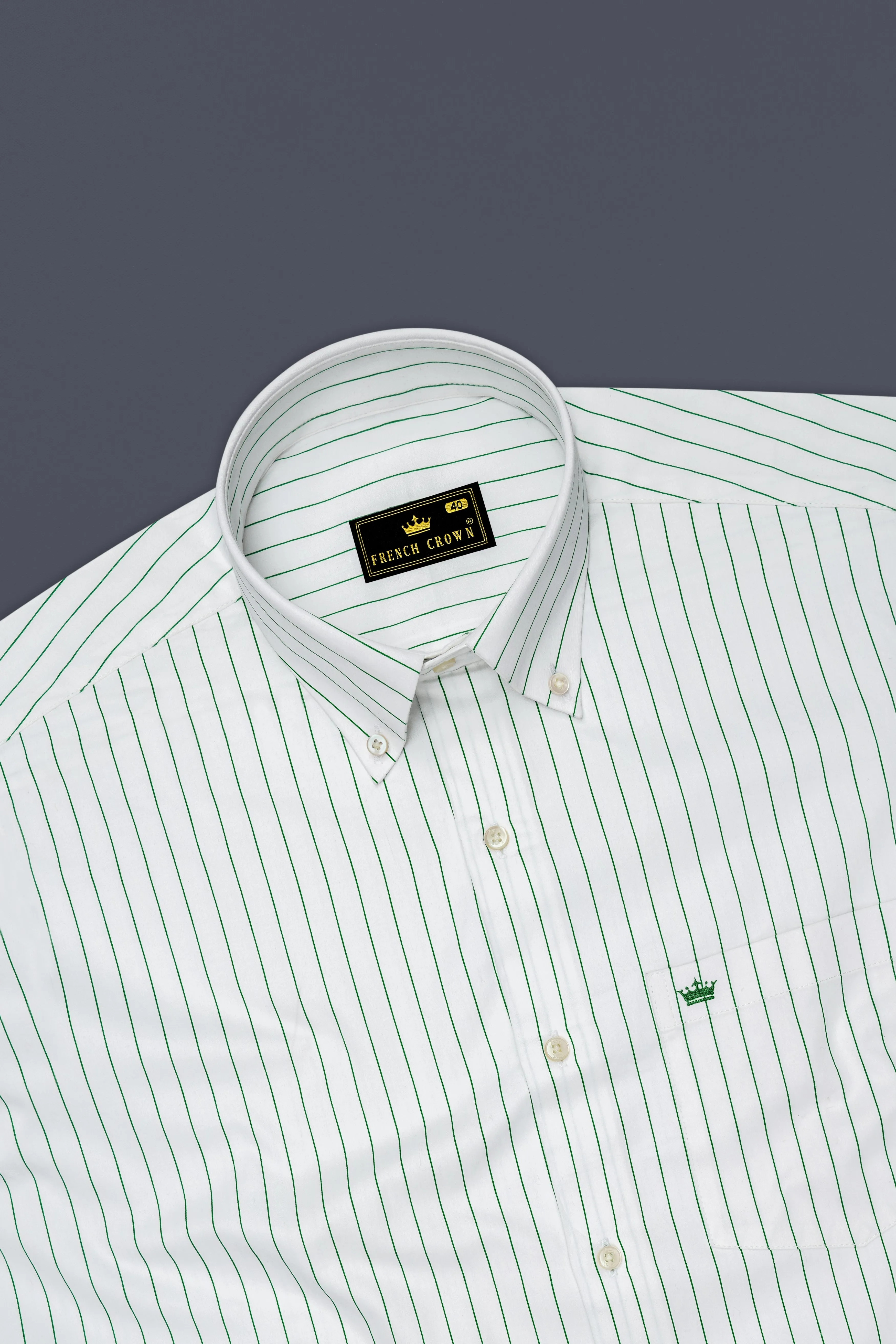 Verdoro-Bright White And Camarone Green Pin Striped Subtle Sheen Super Soft Premium Cotton Button Down Collar Dress Shirt sold by French Crown product image thumbnail 5