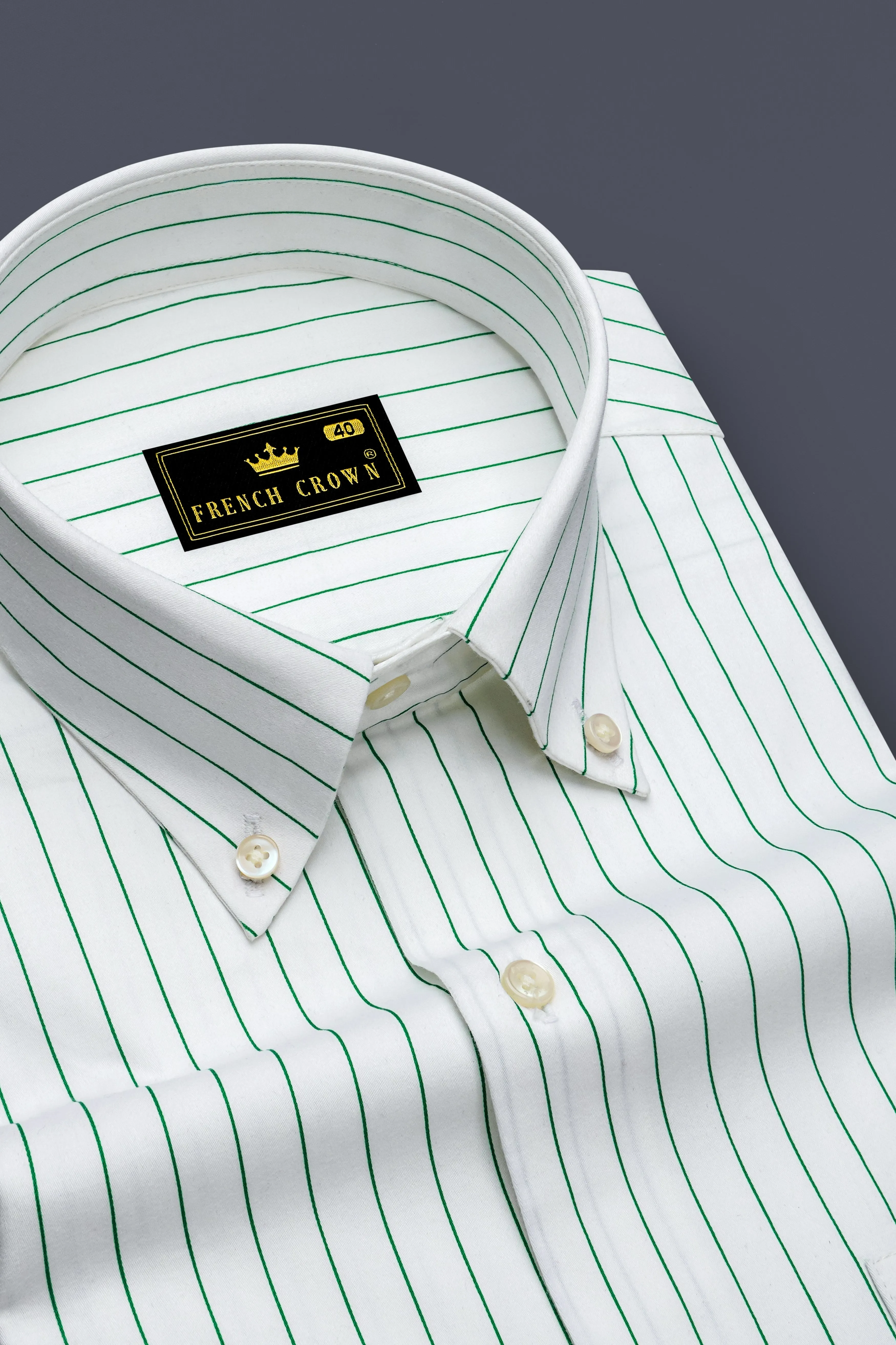 Verdoro-Bright White And Camarone Green Pin Striped Subtle Sheen Super Soft Premium Cotton Button Down Collar Dress Shirt sold by French Crown product image thumbnail 2