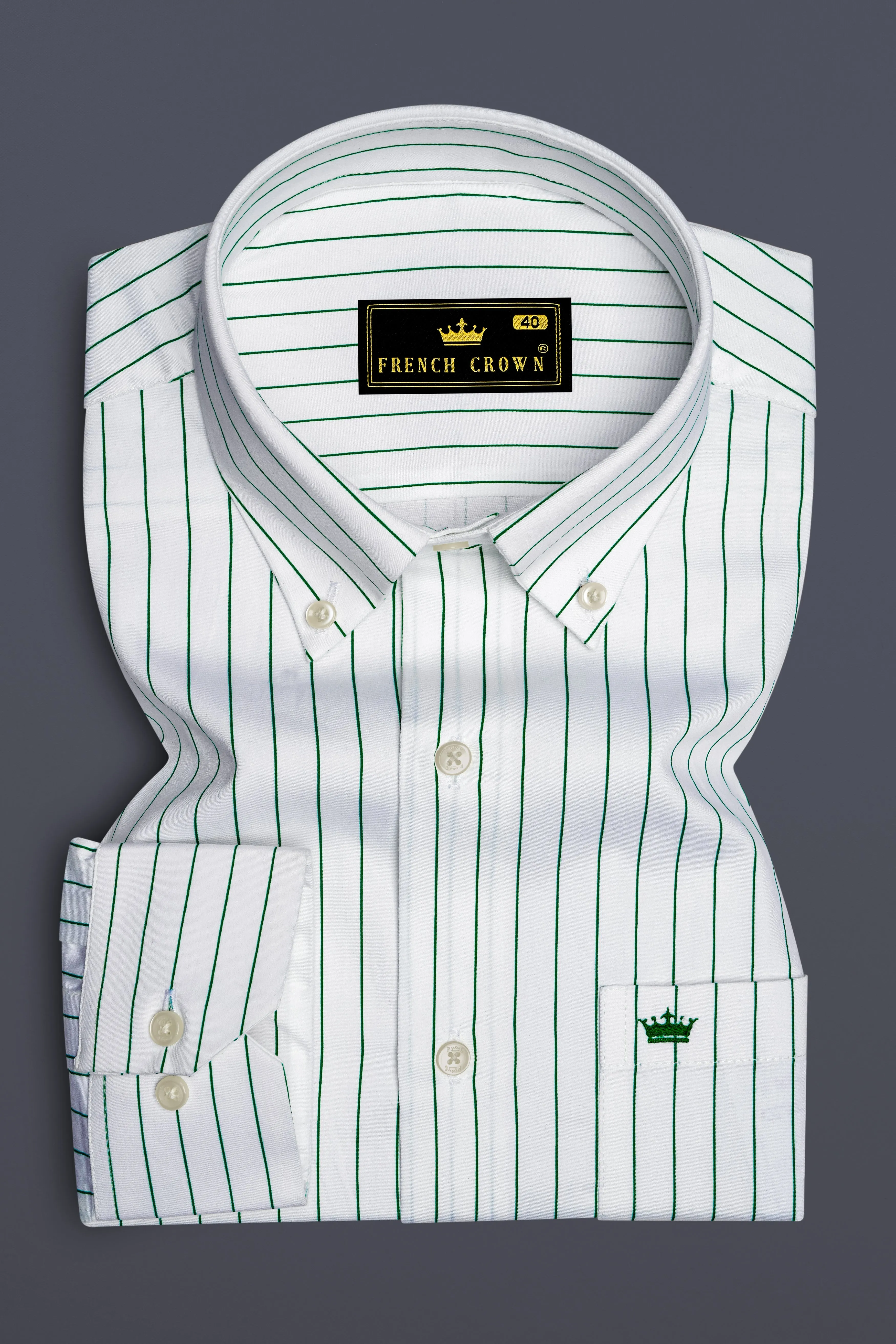 Verdoro-Bright White And Camarone Green Pin Striped Subtle Sheen Super Soft Premium Cotton Button Down Collar Dress Shirt sold by French Crown product image thumbnail 4