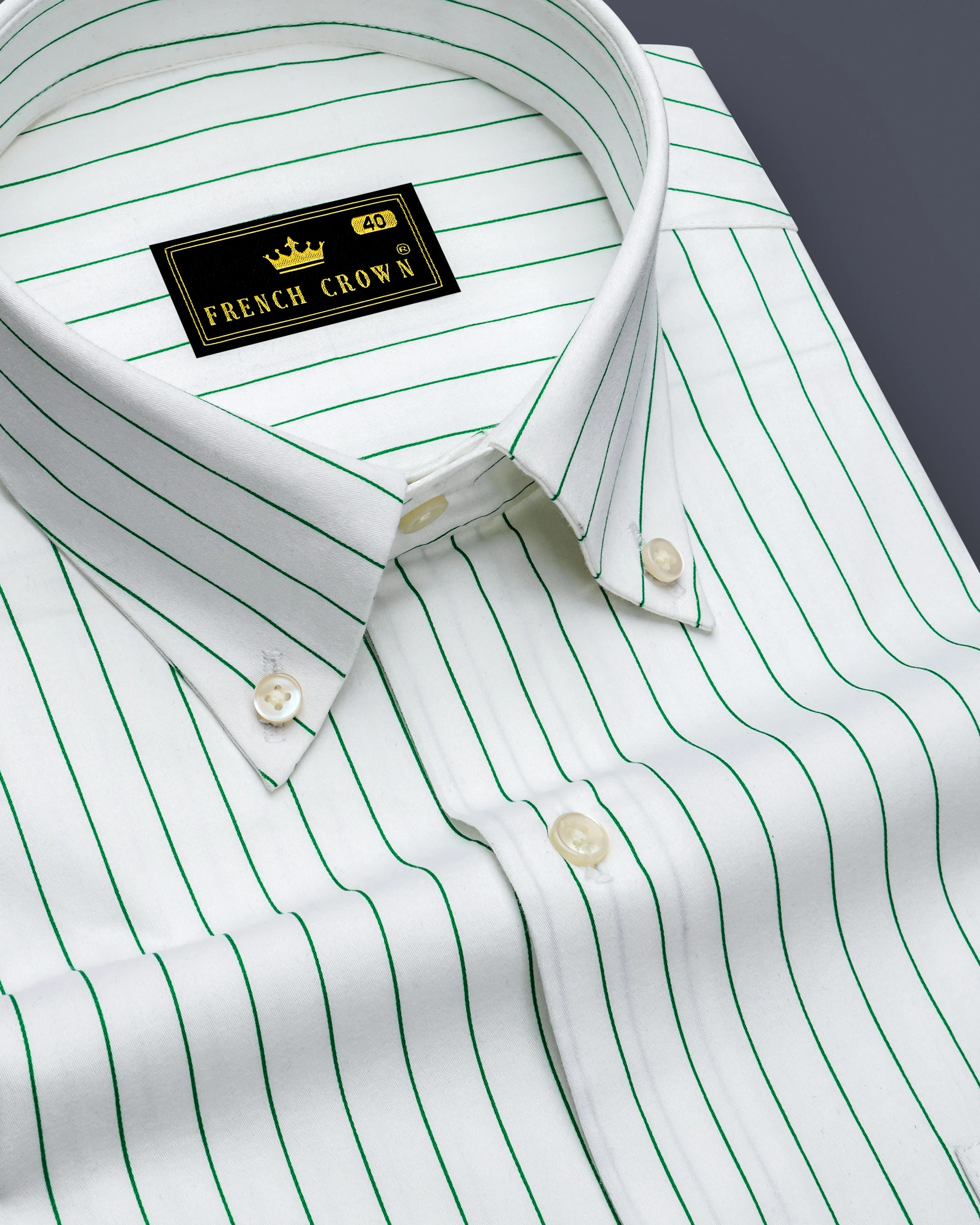 Verdoro-Bright White And Camarone Green Pin Striped Subtle Sheen Super Soft Premium Cotton Button Down Collar Dress Shirt sold by French Crown
