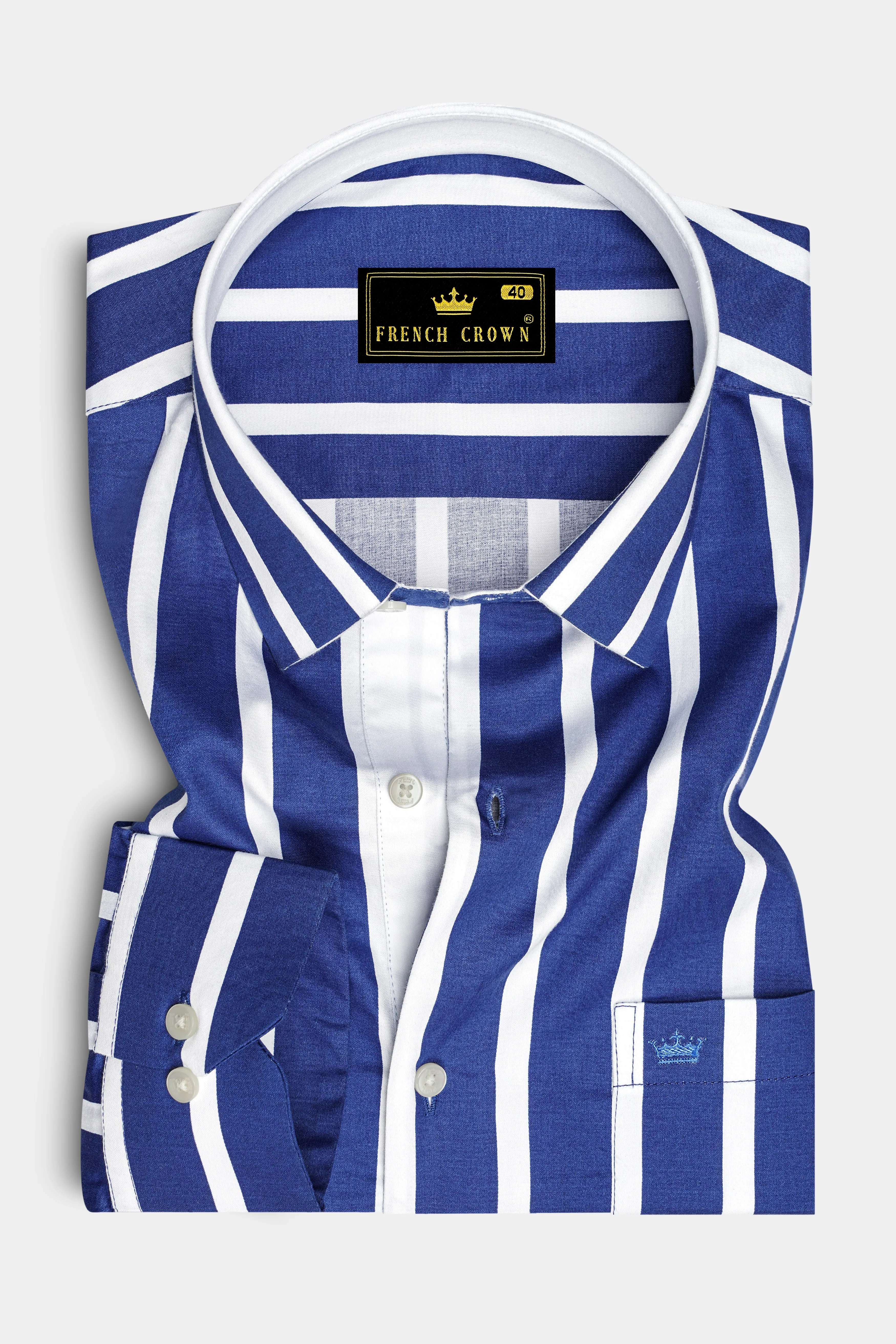 Marivon-Chambray Blue And Bright White Awning Striped Super Soft Premium Cotton Dress Shirt sold by French Crown product image thumbnail 4