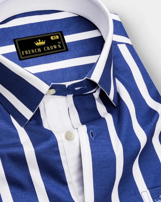 Marivon-Chambray Blue And Bright White Awning Striped Super Soft Premium Cotton Dress Shirt sold by French Crown