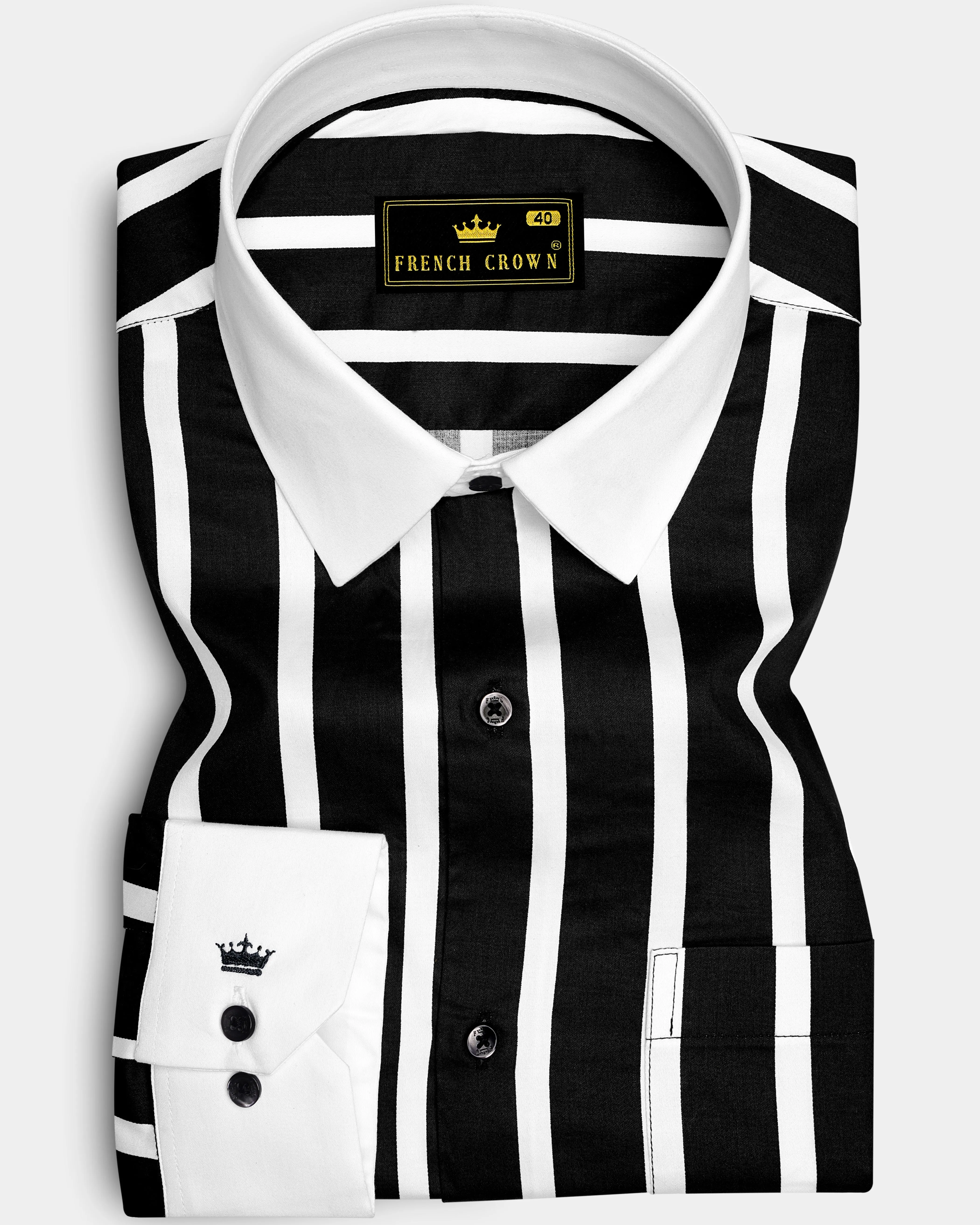 Noctaro-Jade Black And Bright White Awning Striped Super Soft Premium Cotton Dress White Cuff Collar Shirt sold by French Crown