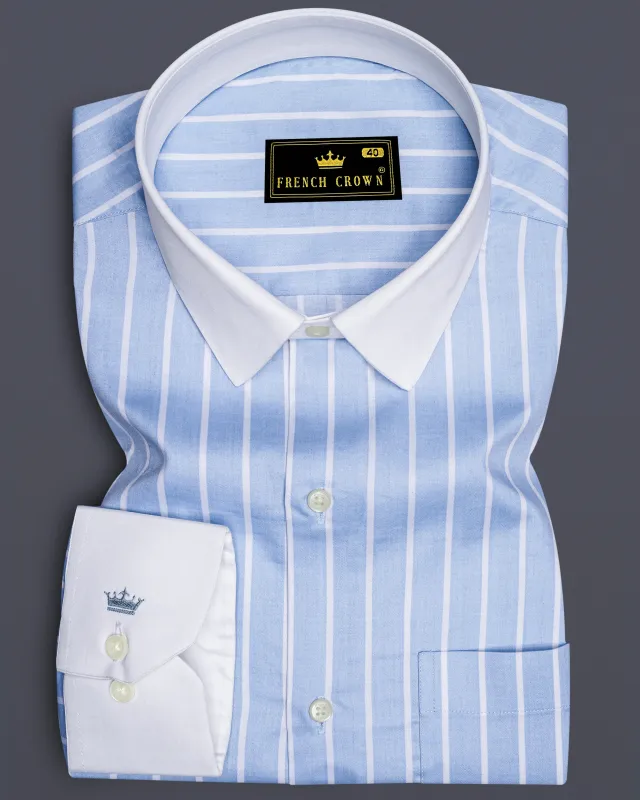Celesto-Spindle Blue And Bright White Pin Striped Super Soft Premium Cotton Dress White Cuff Collar Shirt sold by French Crown