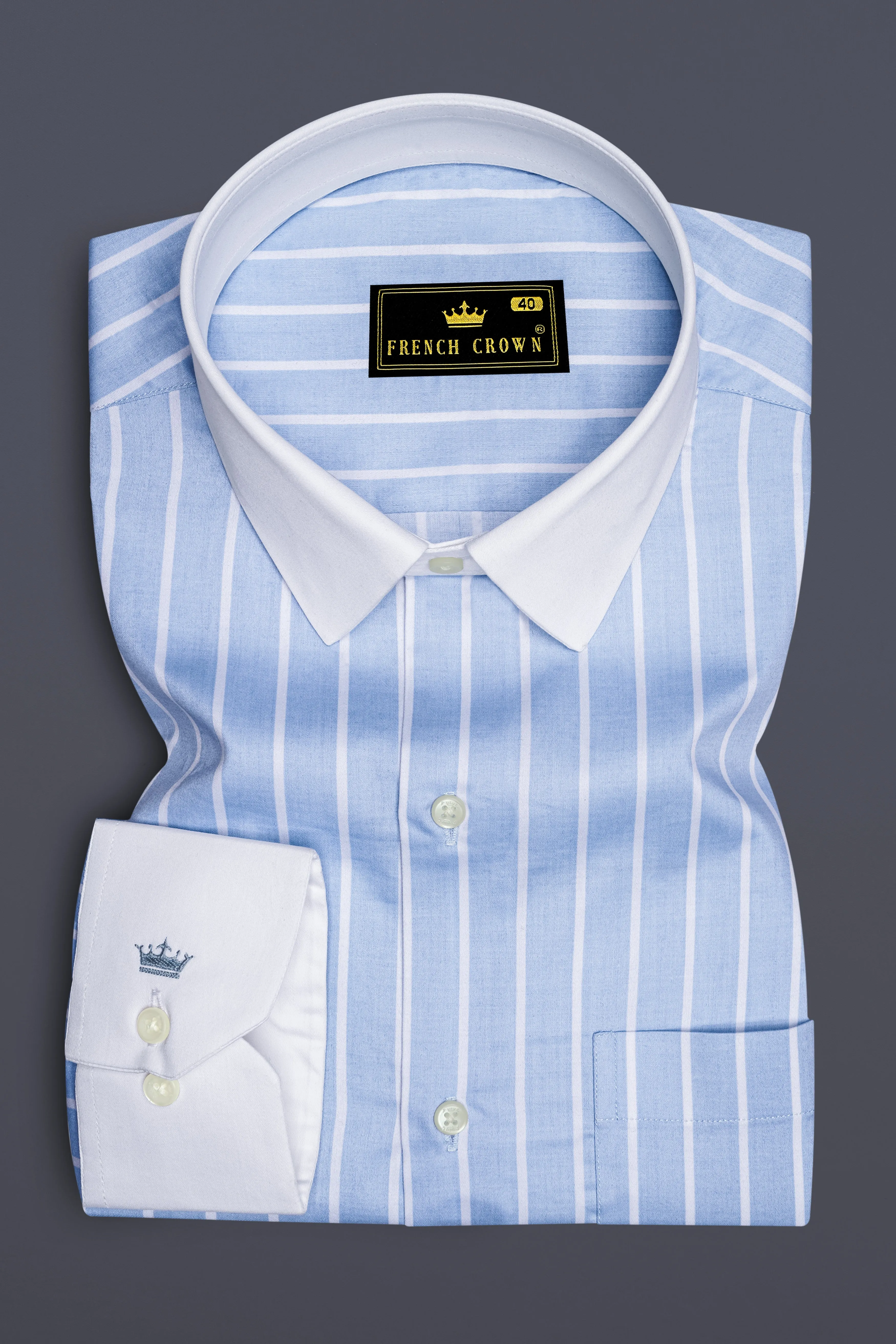 Celesto-Spindle Blue And Bright White Pin Striped Super Soft Premium Cotton Dress White Cuff Collar Shirt sold by French Crown product image thumbnail 2