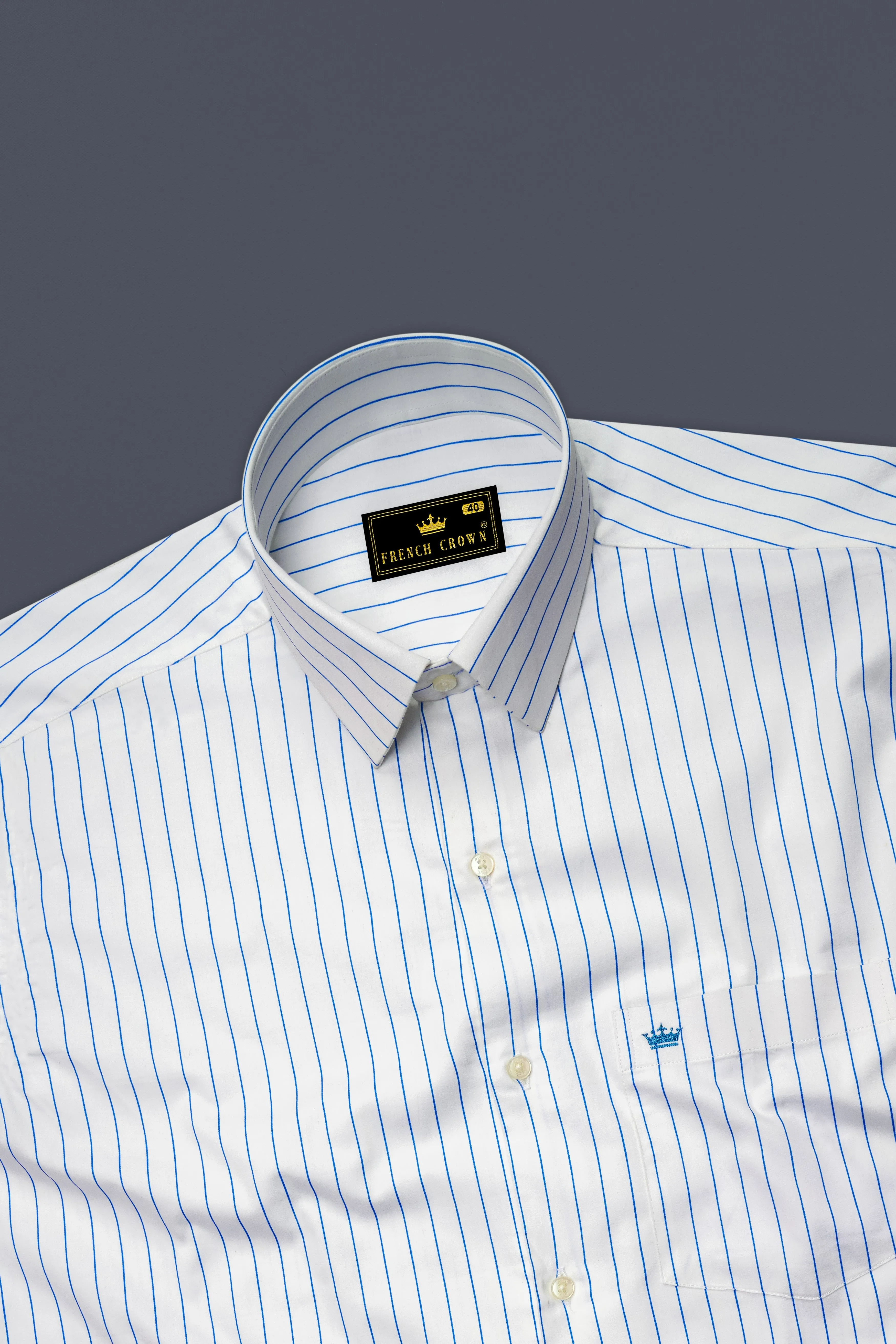Azurline-Bright White And Havelock Blue Pin Striped Subtle Sheen Super Soft Premium Cotton Dress Shirt sold by French Crown product image thumbnail 5