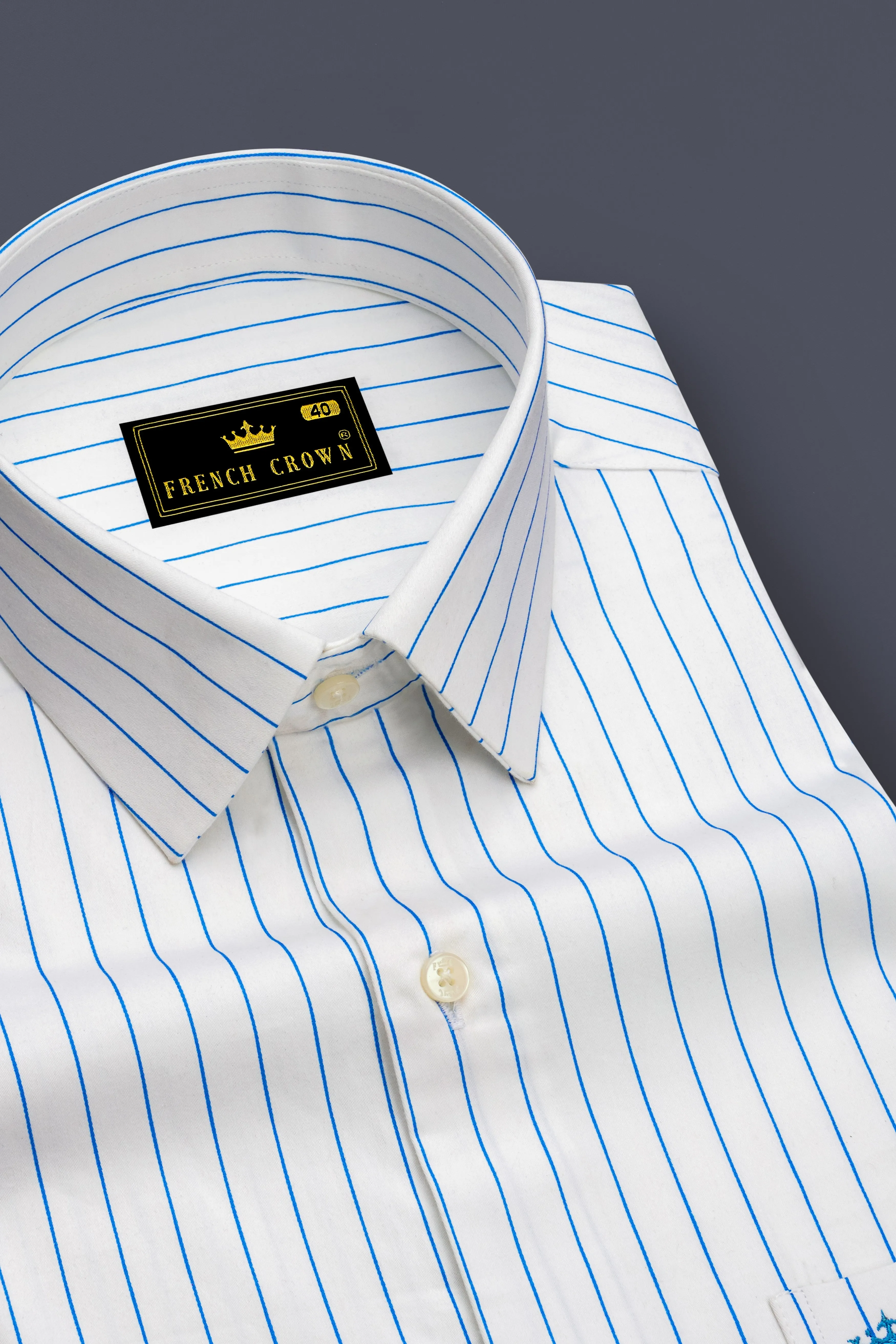 Azurline-Bright White And Havelock Blue Pin Striped Subtle Sheen Super Soft Premium Cotton Dress Shirt sold by French Crown product image thumbnail 2